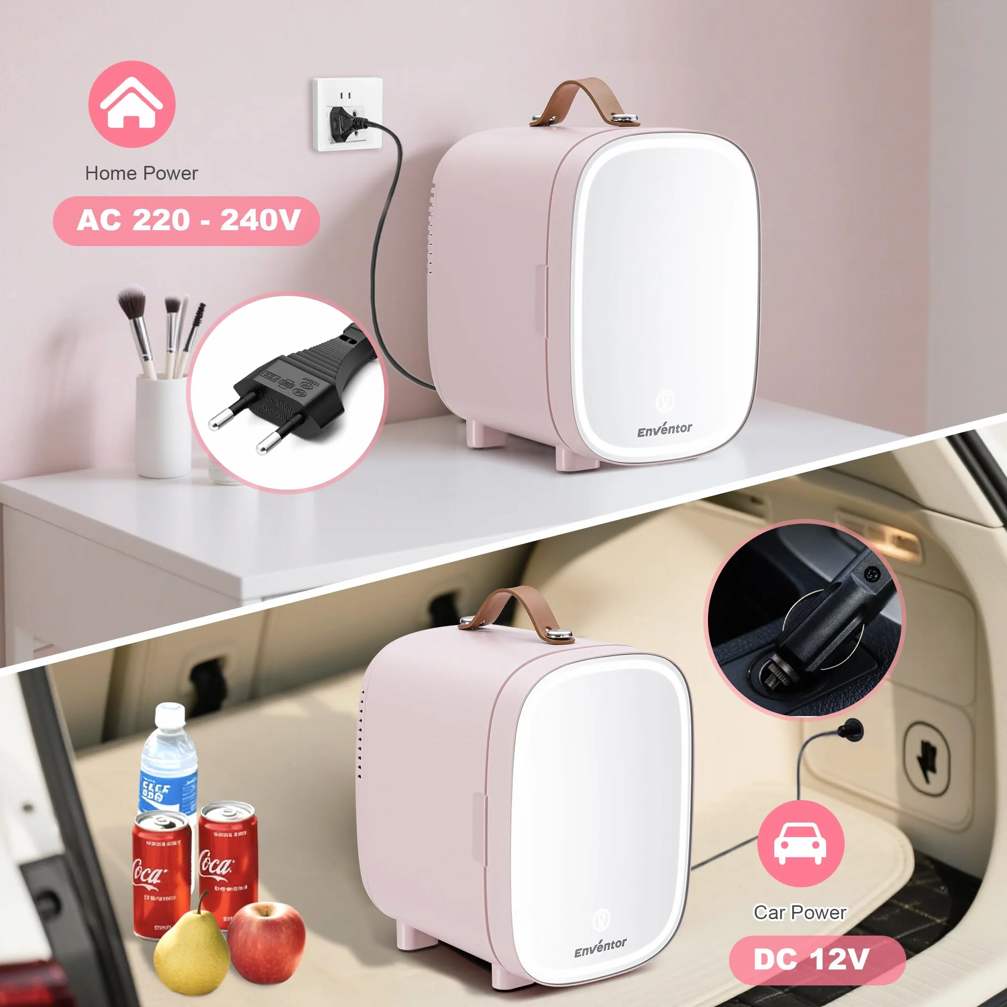 Enventor Mini lodówka 4 l/6 puszek z przyciemnianym lustrem LED, AC+12V DC, chłodnica i ogrzewacz, różowa