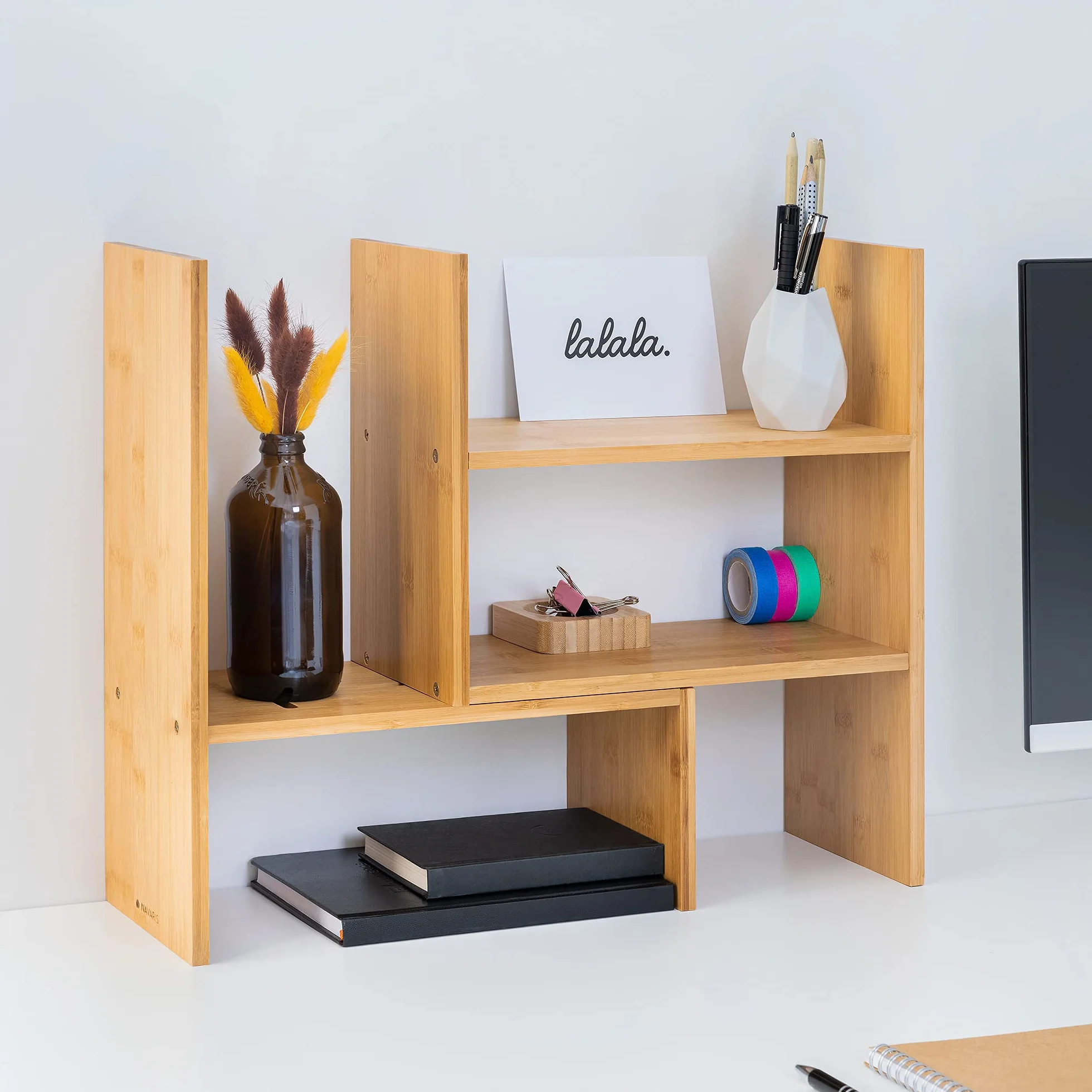 Navaris Bambusowy organizer na biurko, 51 x 15,5 x 40 cm, regulowany system porządkowania – regał narożny do kuchni, biura, łazienki, nadstawka regału