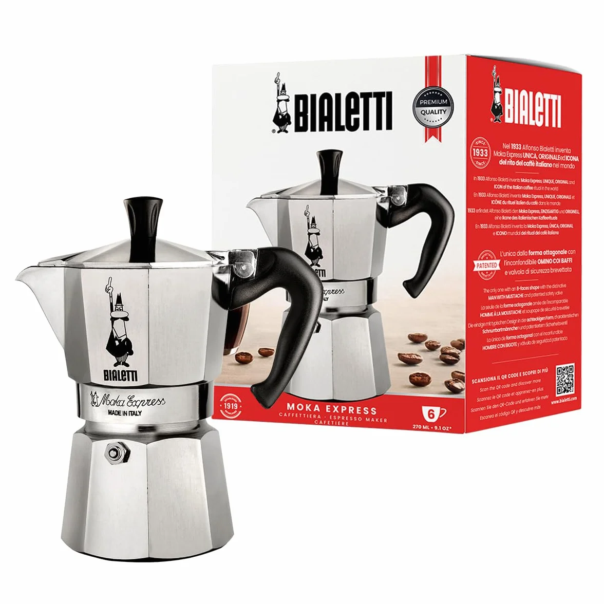 Bialetti Moka Express Klasyczna Kawiarka 6 Filiżanek 270 Ml Aluminiowa Srebrna