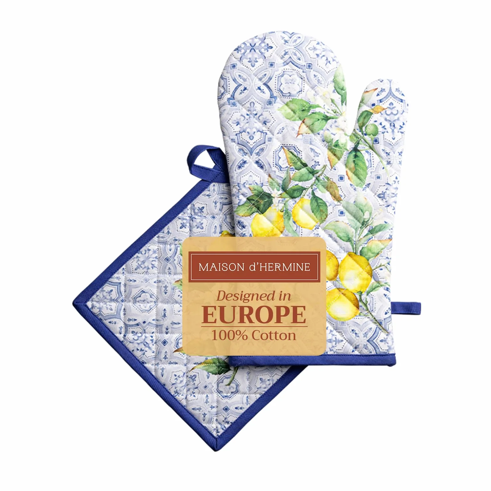 Maison d' Hermine Rękawica kuchenna (19 cm x 33 cm) i łapka do garnków (20 cm x 20 cm) ze 100% bawełny, odporne na wysokie temperatury, połączenie do grillowania, gotowania, na wesele oraz cytrusy –