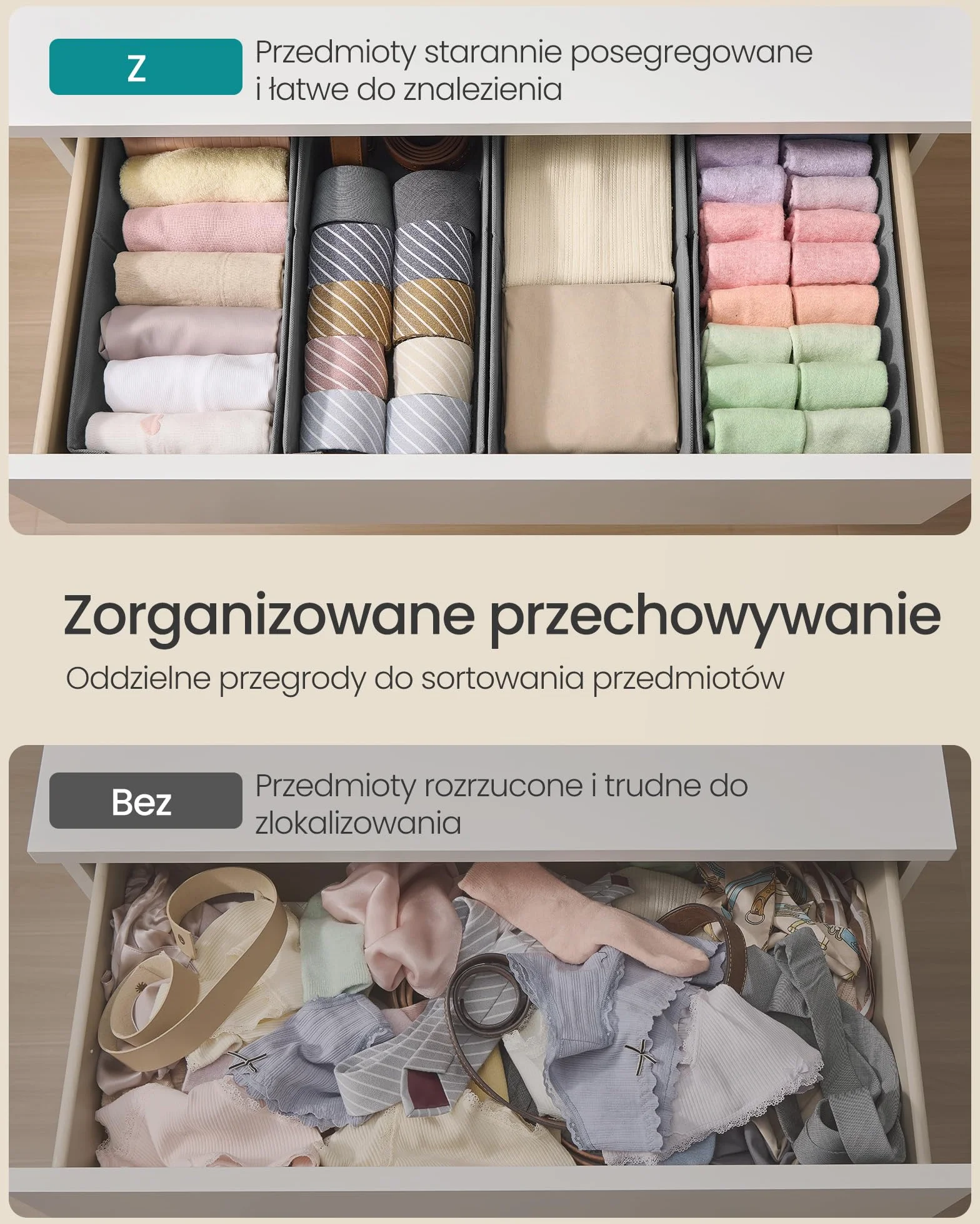 SONGMICS Organizer na bieliznę składany 40x16x10 cm gołębi szary