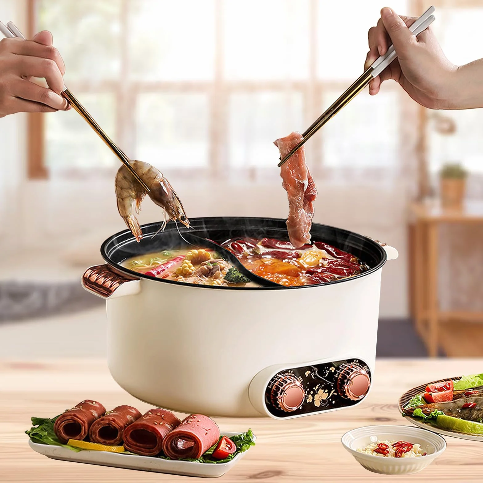 Elektryczny hot pot 5L 1350W 2-stronny z dwoma regulatorami Trzy ustawienia mocy Patelnia nieprzywierająca Wielofunkcyjny szybkowy rondel