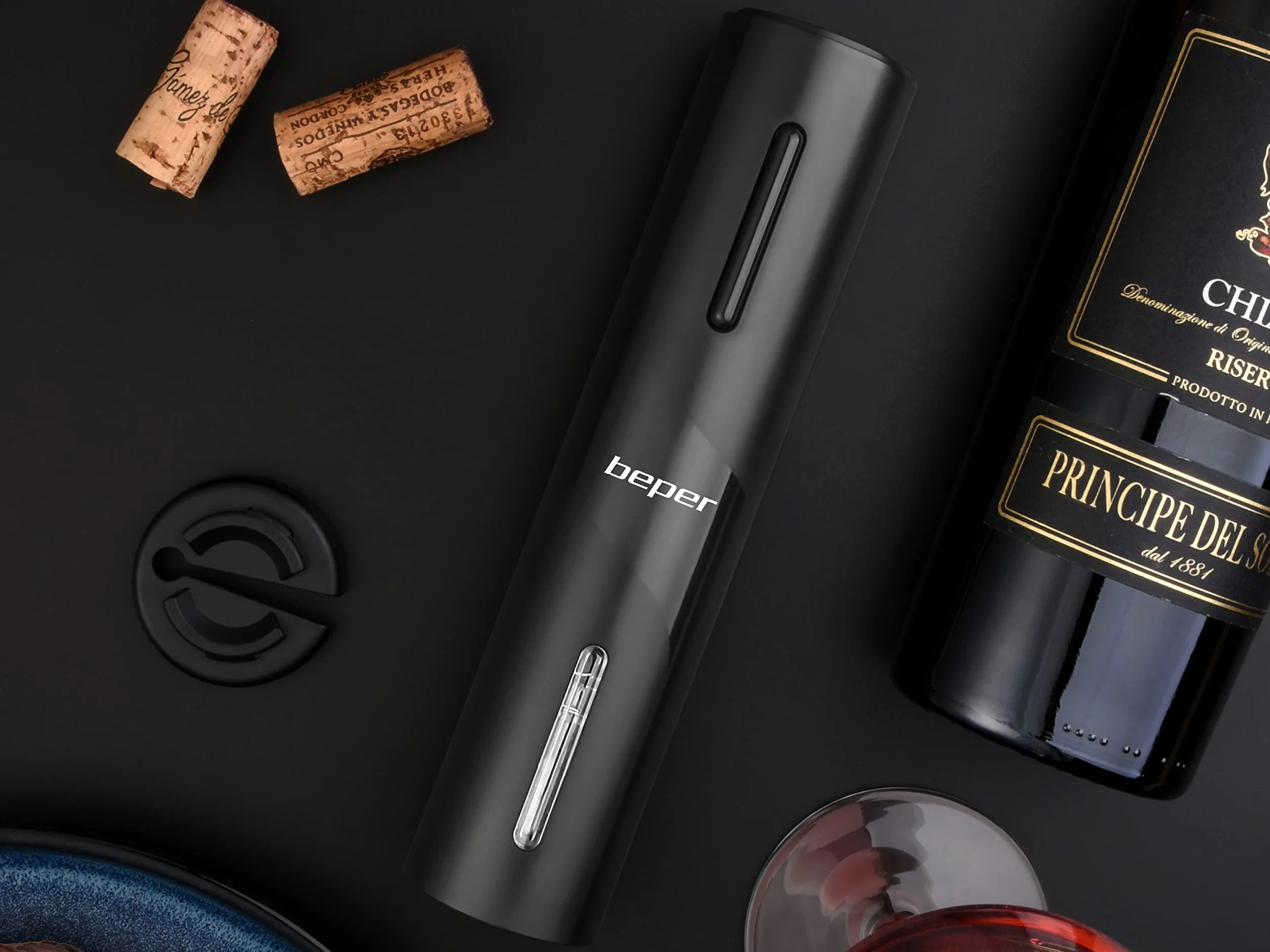 BEPER P102ACP100 Korkociąg elektryczny z obcinaczem do wina, ładowany USB