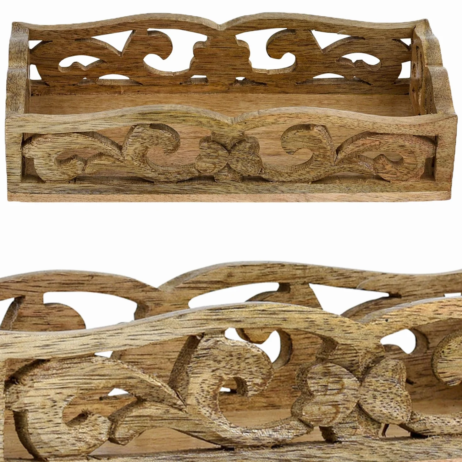 Marrakesch Boho dekoracyjna prostokątna drewniana taca do serwowania, 25 x 15 cm, brązowe drewno, 100% drewno, idealna do kuchni, salonu, dekoracji sypialni i śniadania w łóżku
