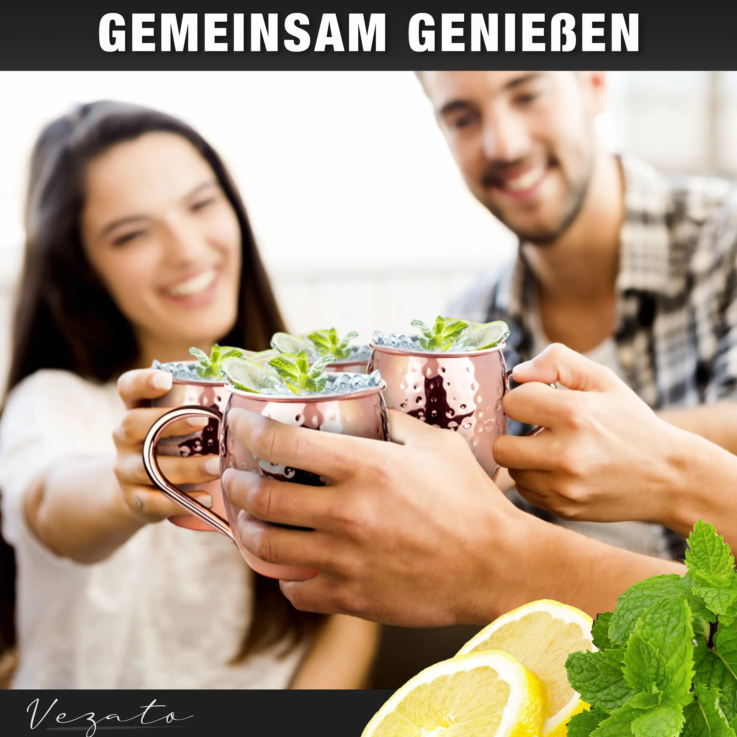 Vezato Kubek do Moscow Mule, 500 ml, młotkowany kubek miedziany, ze słomkami, ręcznie wykonany, zestaw 4 sztuki, nierdzewny