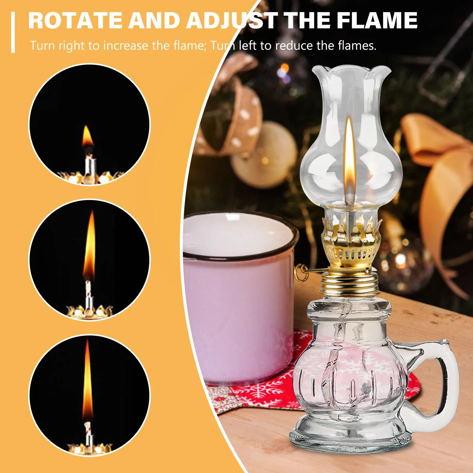 Wewnętrzna Lampa Olejowa - 2 Sztuki Przezroczystej Szklanej Lampy z Regulowaną Jasnością, Retro Nostalgiczna, Wiatroszczelna Dekoracyjna do Salonu, Jadalni, Awaryjnego
