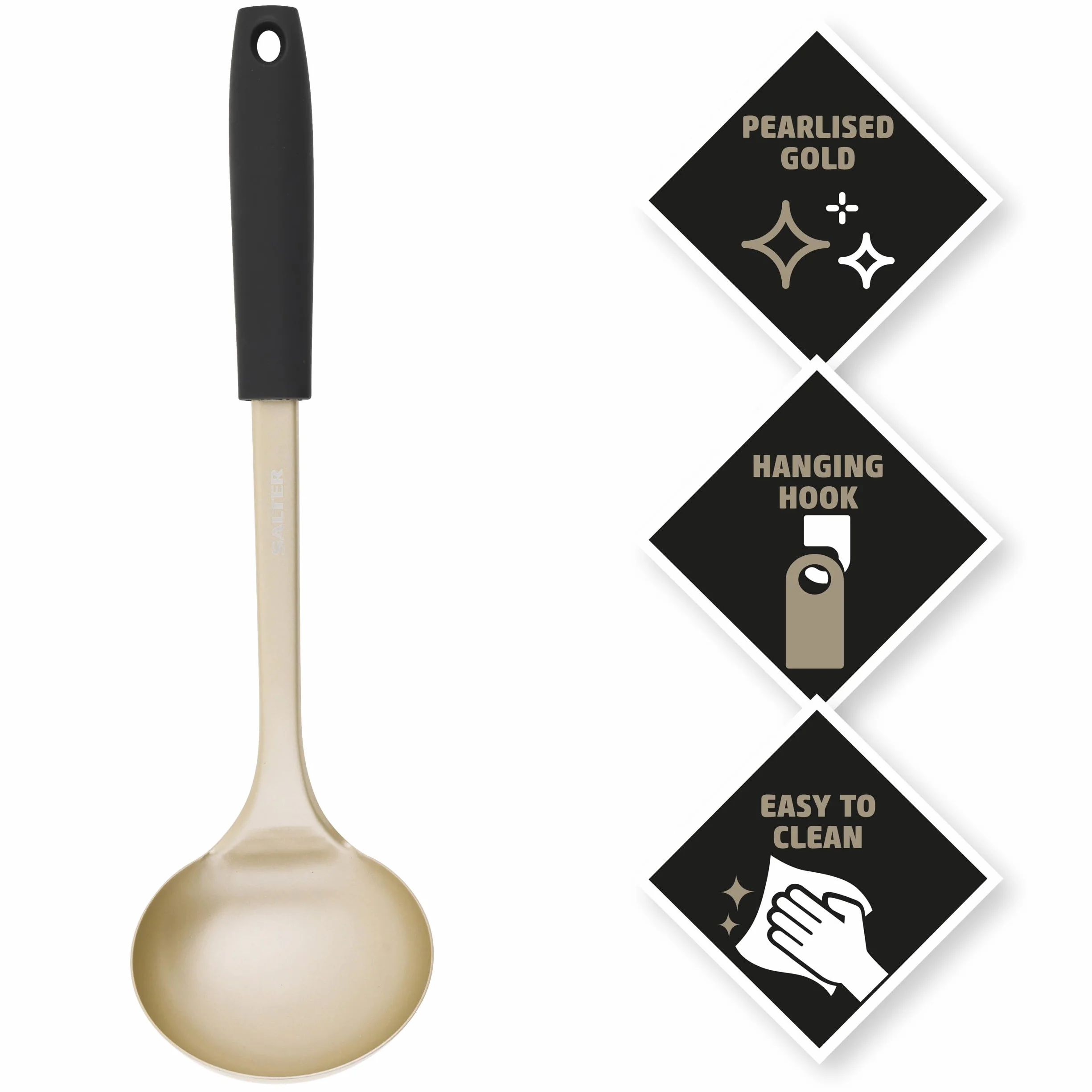 Salter BW11131EU7 Olympus Collection Ladle, Long-Lasting Stainless Steel Soup Spoon Kitchen Utensil, Hanging Hook, Easy-Clean, Metal Multifunctional Cooking Tool For Stews, Sauces, Punchbowls, Gold