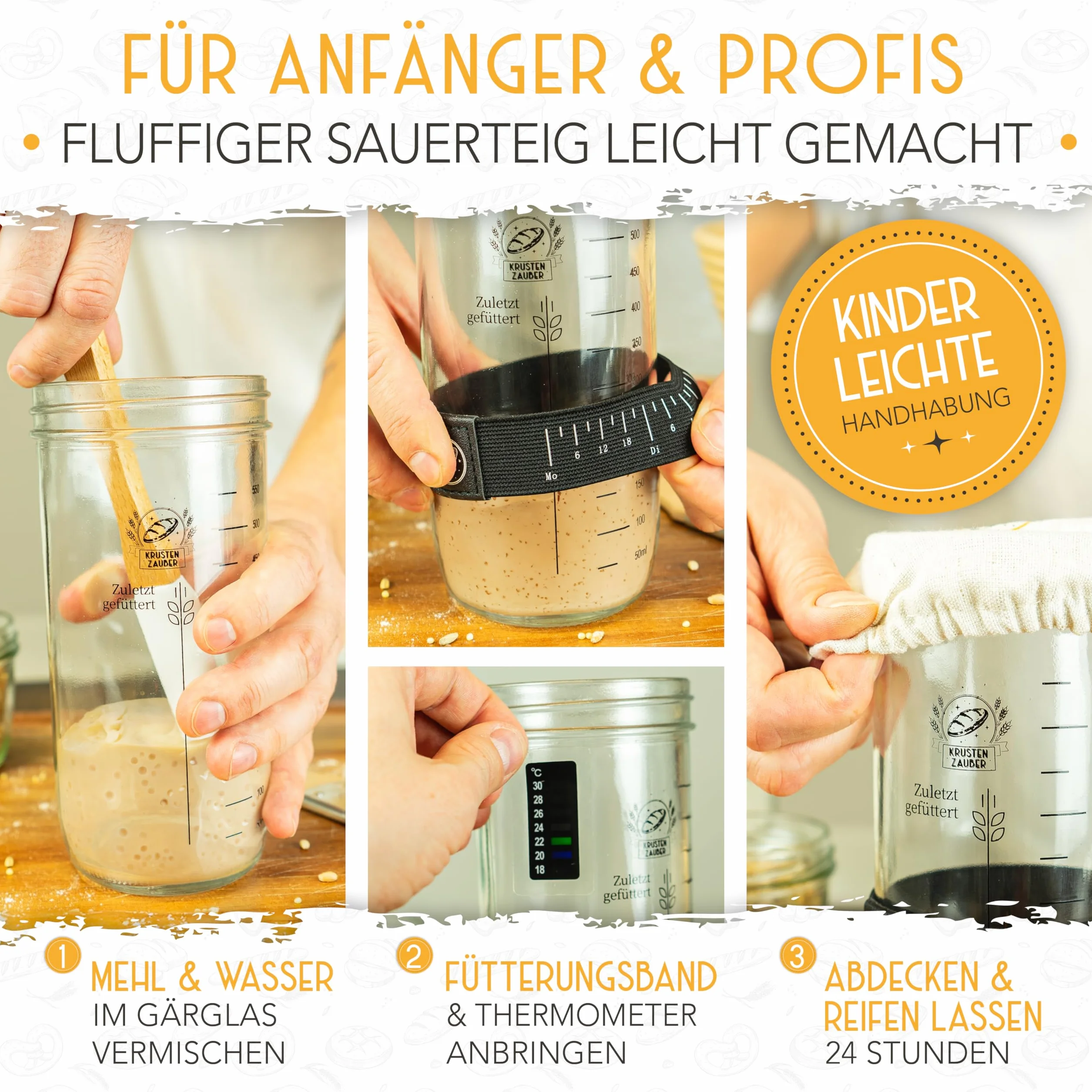 KRUSTENZAUBER Zestaw do zakwasu na chleb 600 ml słoik fermentacji z łopatką i termometrem Akcesoria do pieczenia chleba