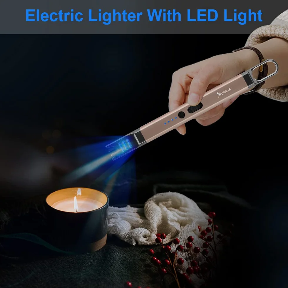 SUPRUS Zapalniczka do świec, elektryczna, z łukiem świetlnym, wiatroszczelna, bezpłomieniowa, do ponownego ładowania przez USB, z oświetleniem LED, na kemping, do grillowania, gotowania (złota)