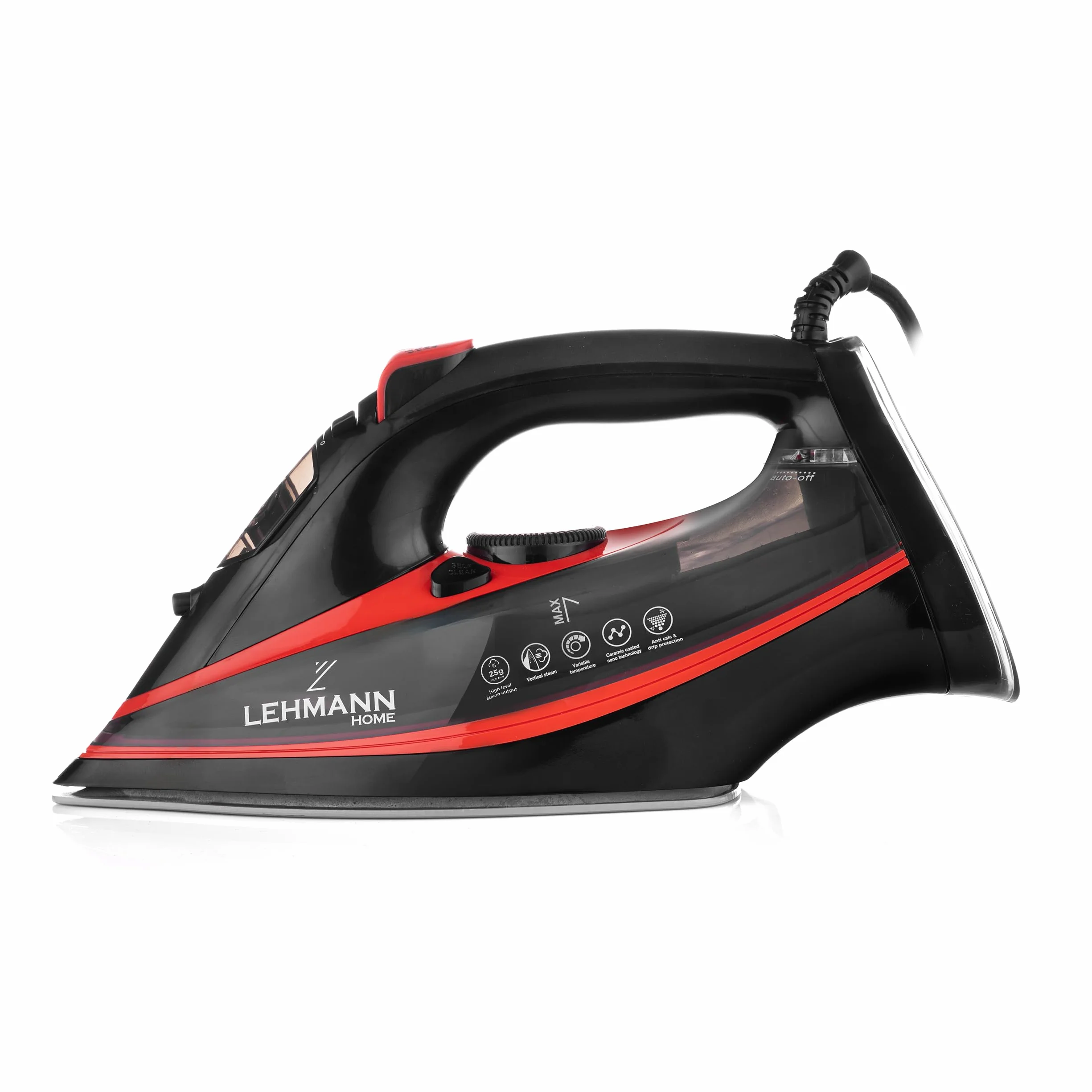 Żelazko parowe, ceramiczna, 3000 W Lehmann, funkcja Calc-Clean, 9 w 1, wysoka wydajność pary, niewielka waga, uderzenia pary, ceramiczne podeszwy do prasowania, samoczyszczenie i rozpylacz
