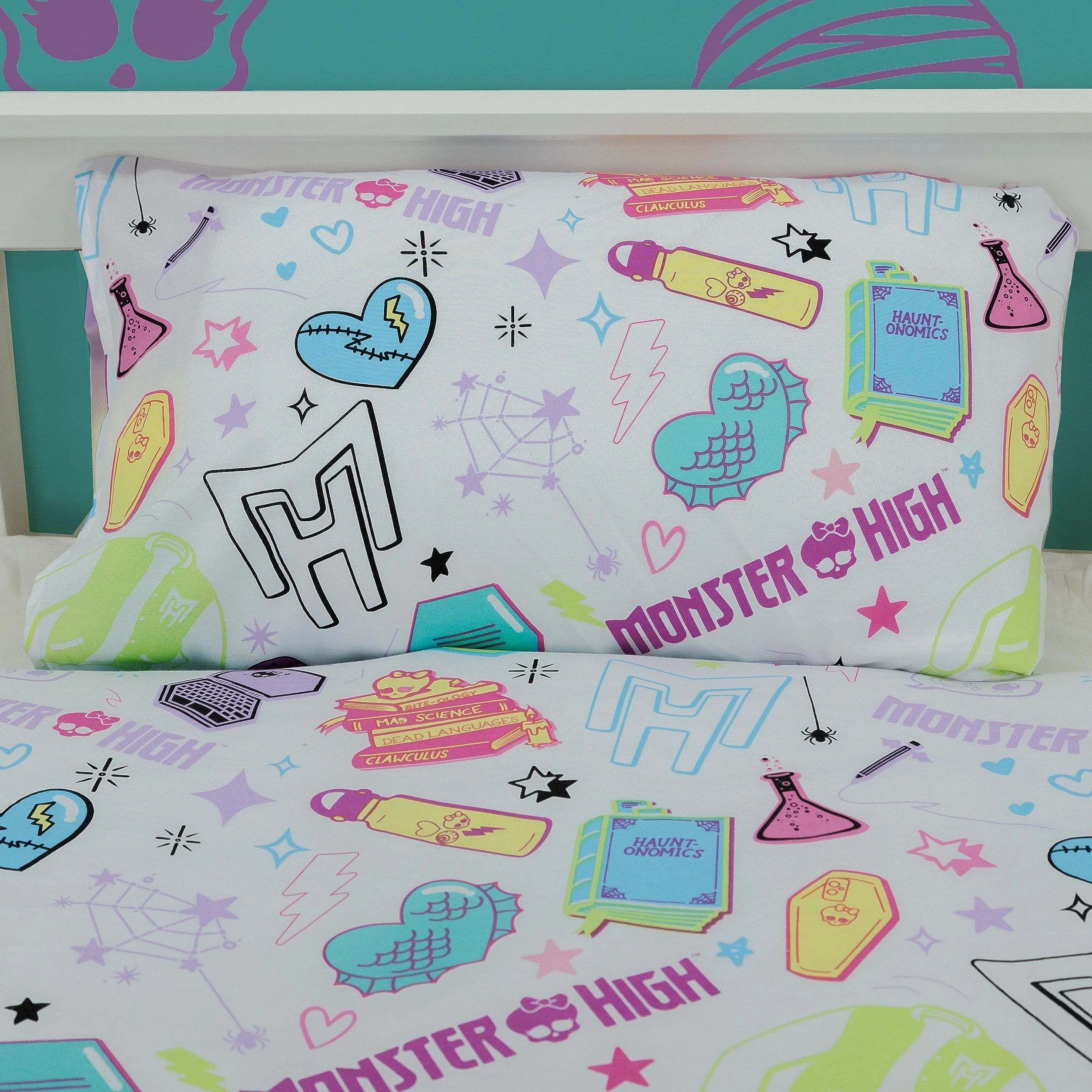 Character World Monster High oficjalnie licencjonowany zestaw poszewek na kołdrę z motywem dzikiego designu, dwustronna, 2-stronna pościel dla lalek z pasującą poszewką na poduszkę, idealna do