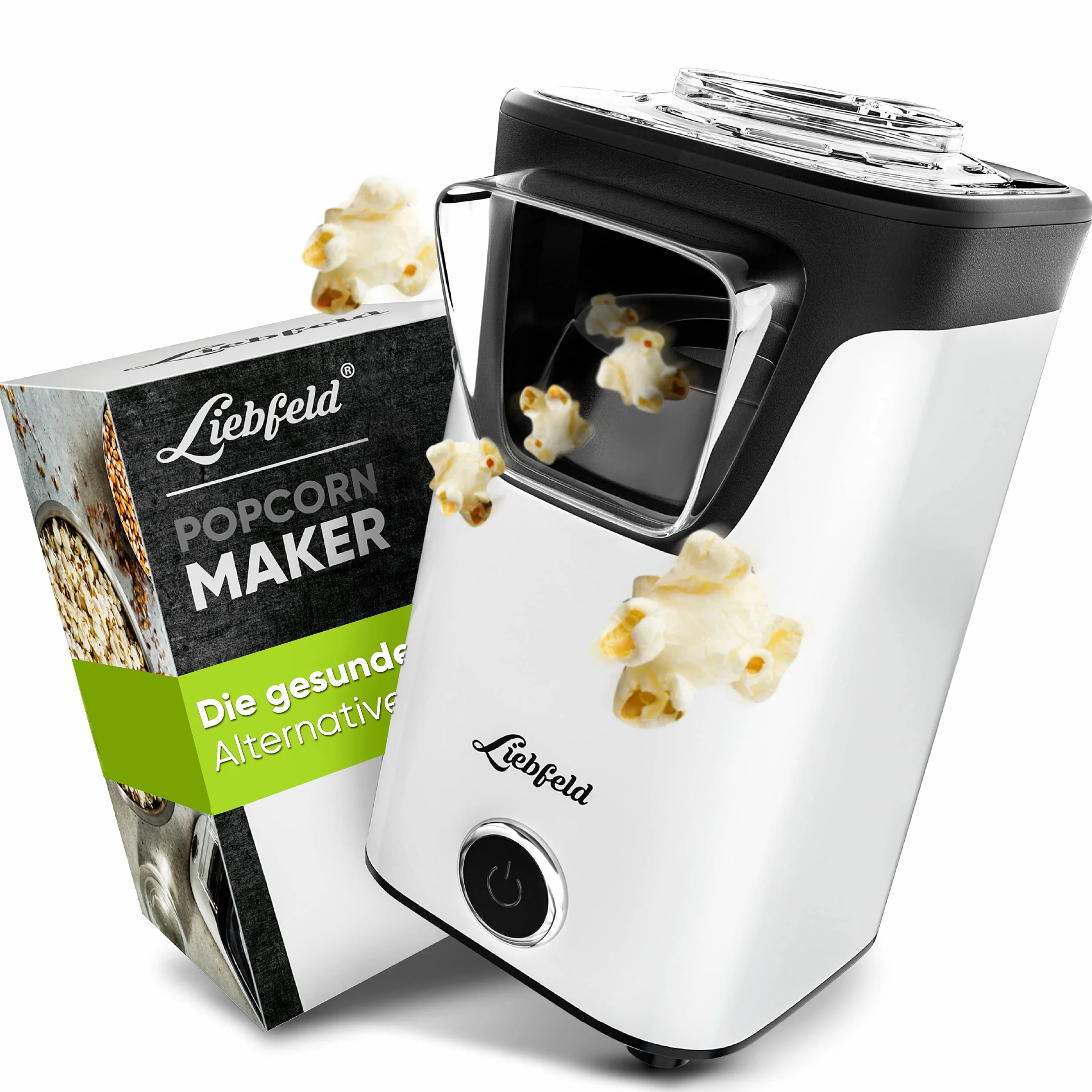 Liebfeld Domowa maszyna do robienia popcornu, w zestawie instrukcja Pop Corn Guide, bez tłuszczu i oleju, biała