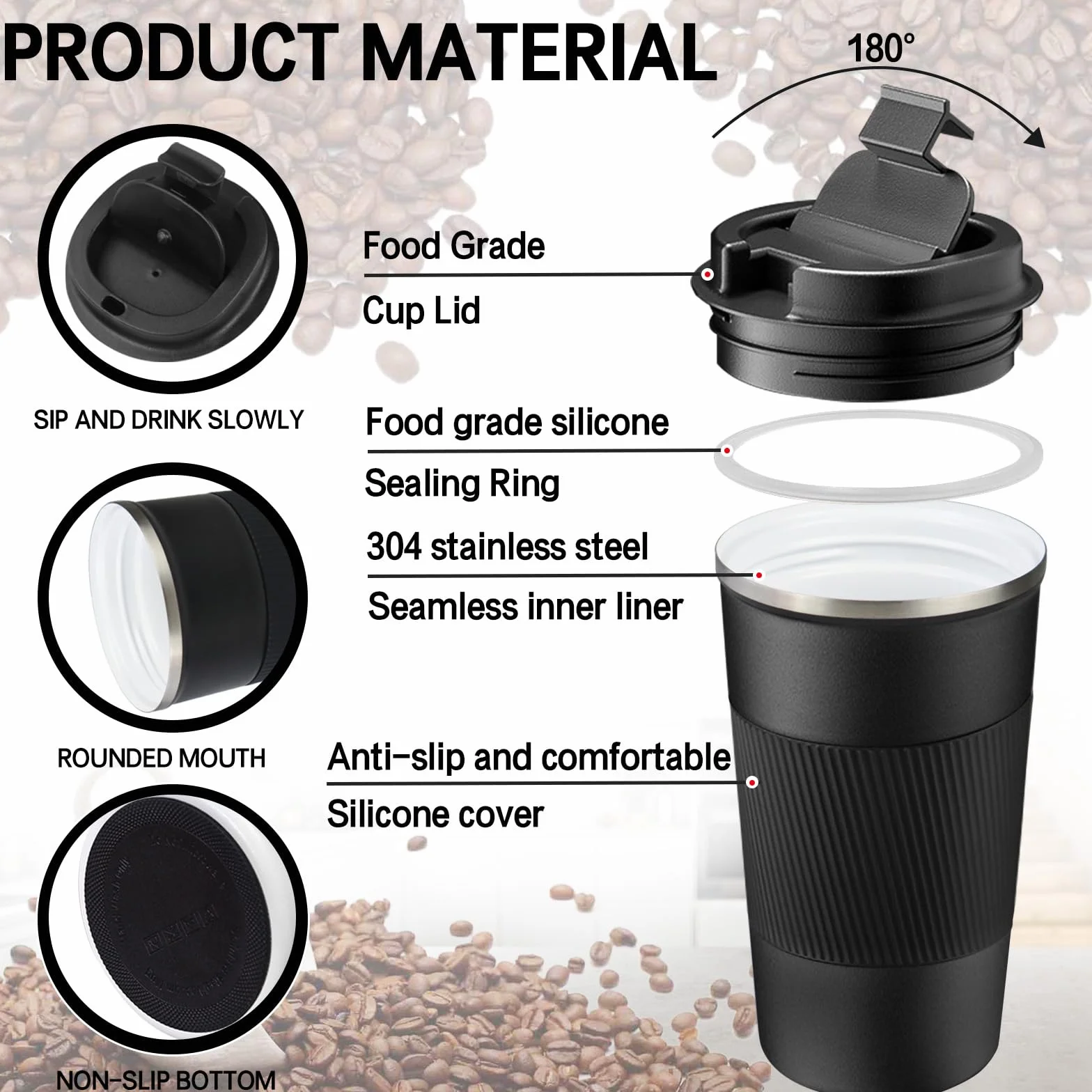 Kubek Kubek 500 ml z ceramiczną powłoką wewnątrz, izolowany kubek podróżny z pokrywką, szczelny kubek podróżny do kawy, pasuje do samochodowego uchwytu na kubek