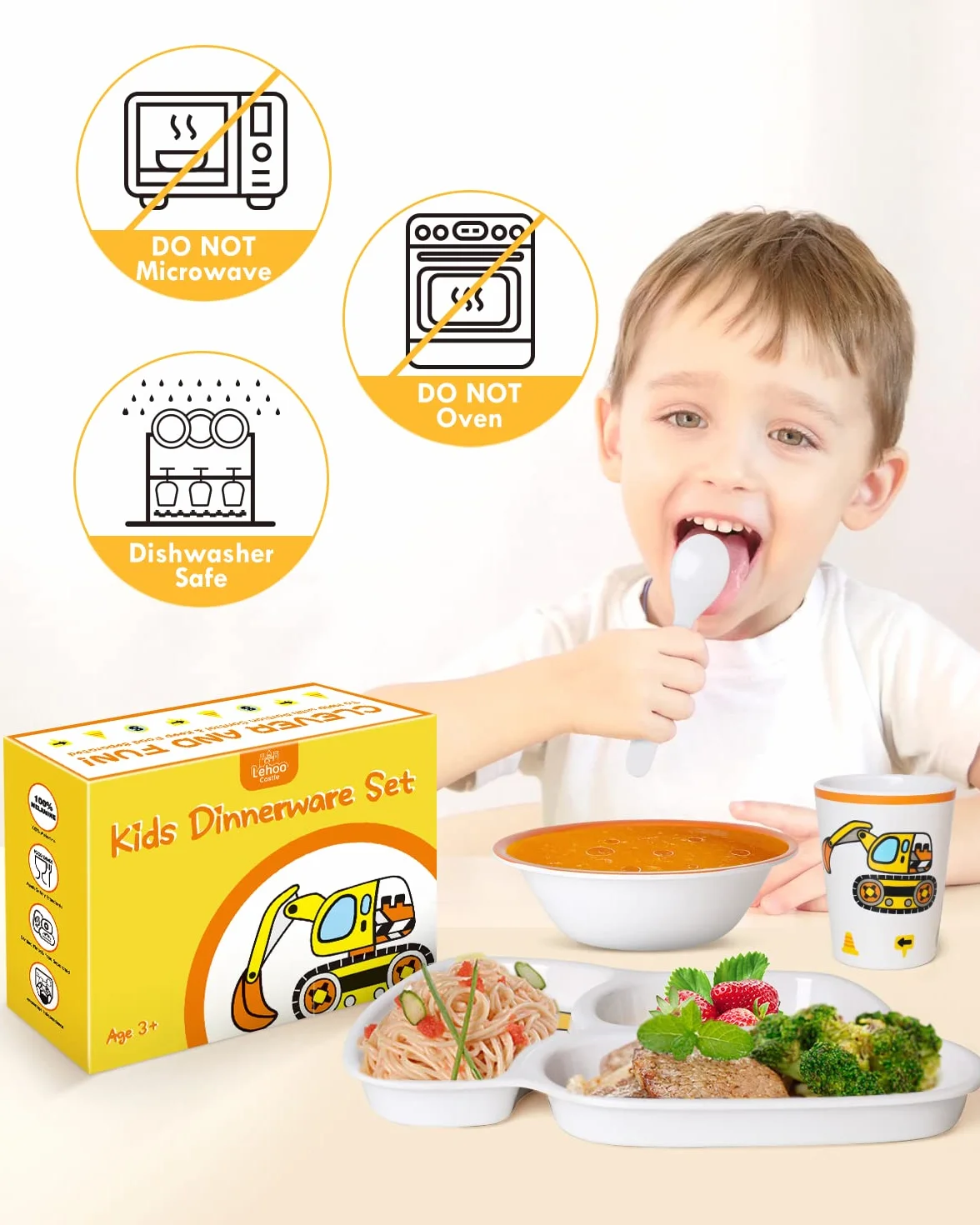 Lehoo Castle Talerze dla dzieci, zestaw zastawy stołowej dla dzieci, koparka, 5 szt. bez BPA, talerz, miska, kubek, łyżka, widelec, prezent dla dzieci i dziewcząt