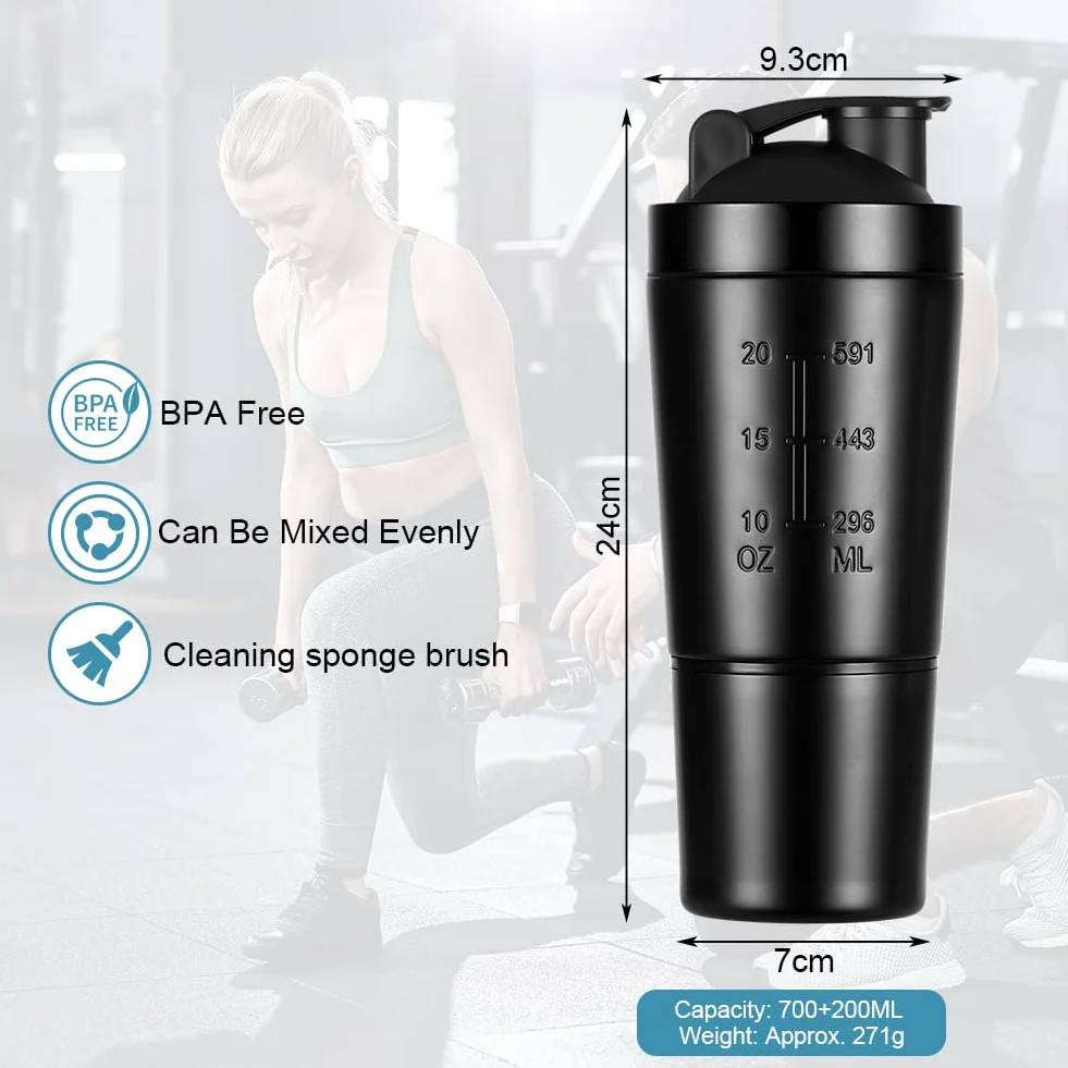 Shaker ze stali nierdzewnej, 700 ml, dodatkowy 200 ml pojemność, odporny na wyciek/bez BPA, do diety i fitnessu