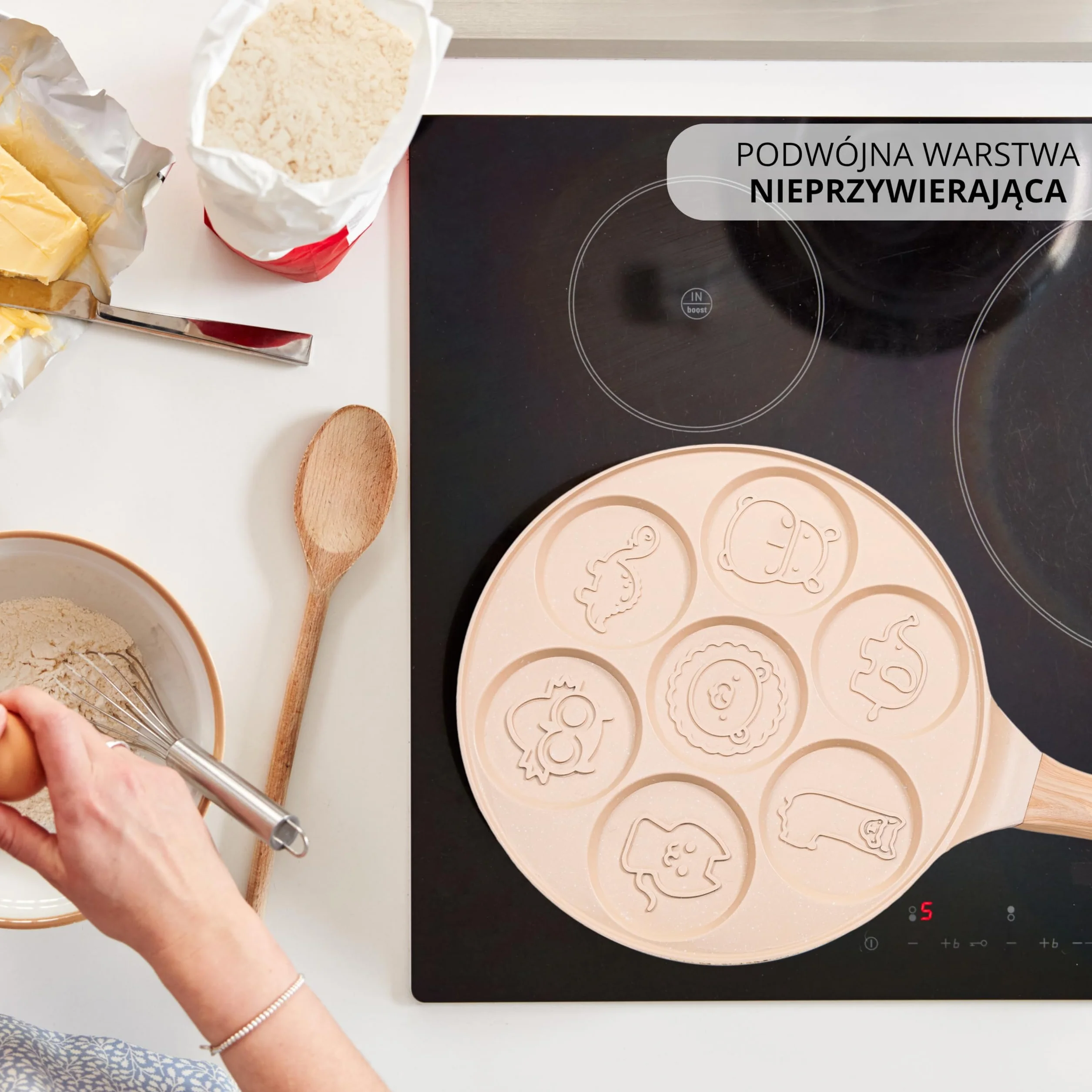 Erreke Patelnia do Naleśników, Patelnia do Crepes, 7 Mini Naleśników Jednocześnie, Podwójna Nieprzywierająca Powłoka, Do Wszystkich Typów Kuchni i Płyt Indukcyjnych, Uchwyt Soft Touch, 26 cm Beżowa