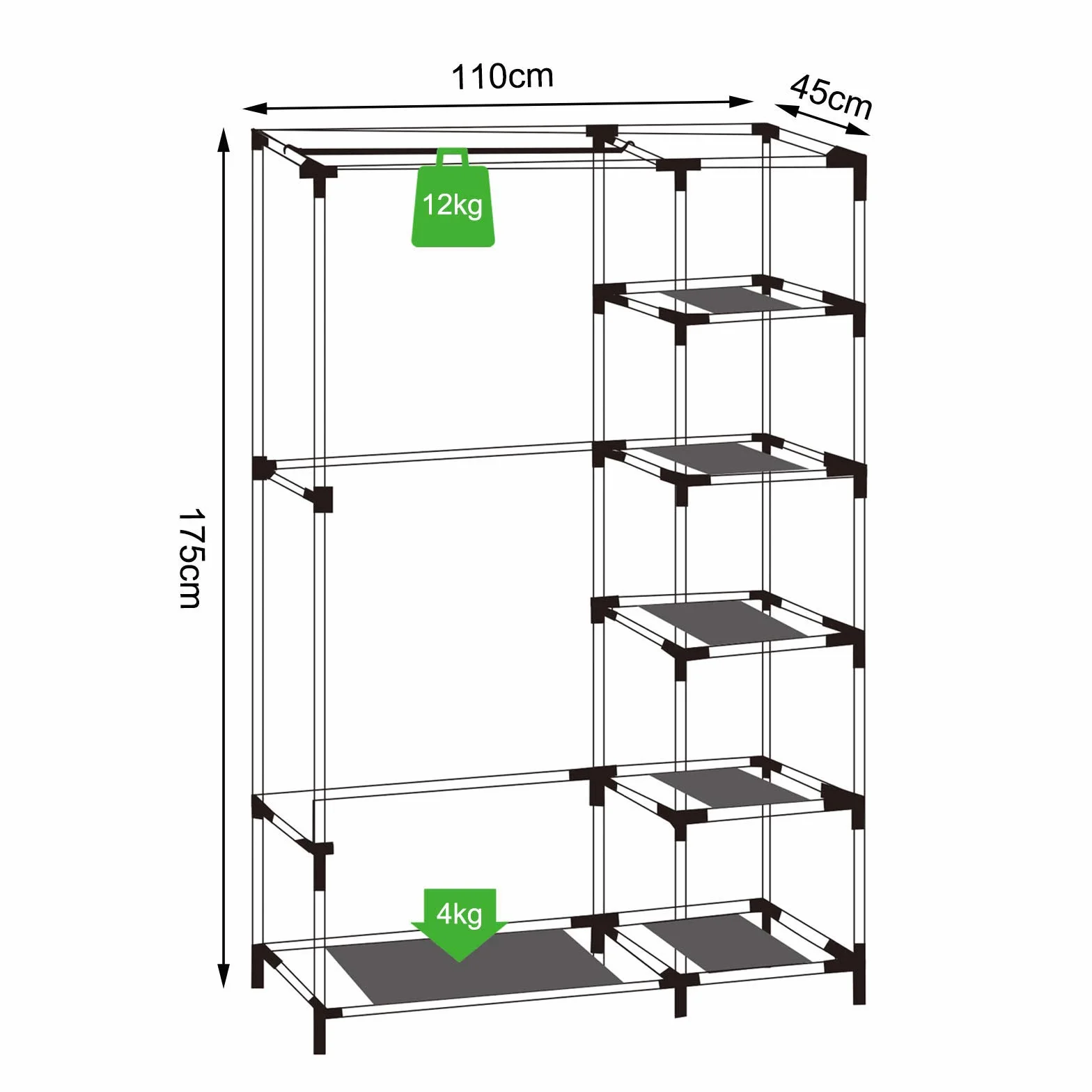 Tavora Szafa materiałowa składana, oszczędzająca miejsce, tekstylna z półkami, 110x45x175 cm, oddychająca i stabilna z drążkiem na ubrania, higieniczna powłoka PP, łatwa w czyszczeniu, czarna