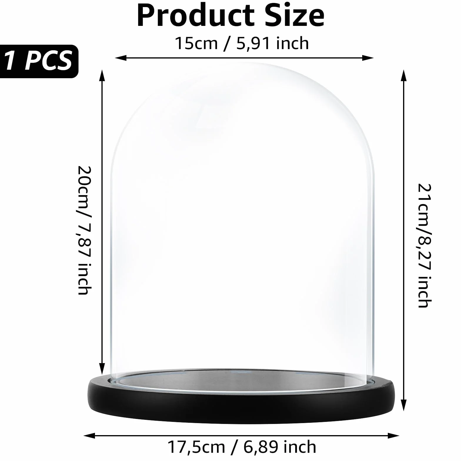 Szklany dzwon z drewnianą podłogą, czarny, wysokość 21 cm, średnica 15 cm