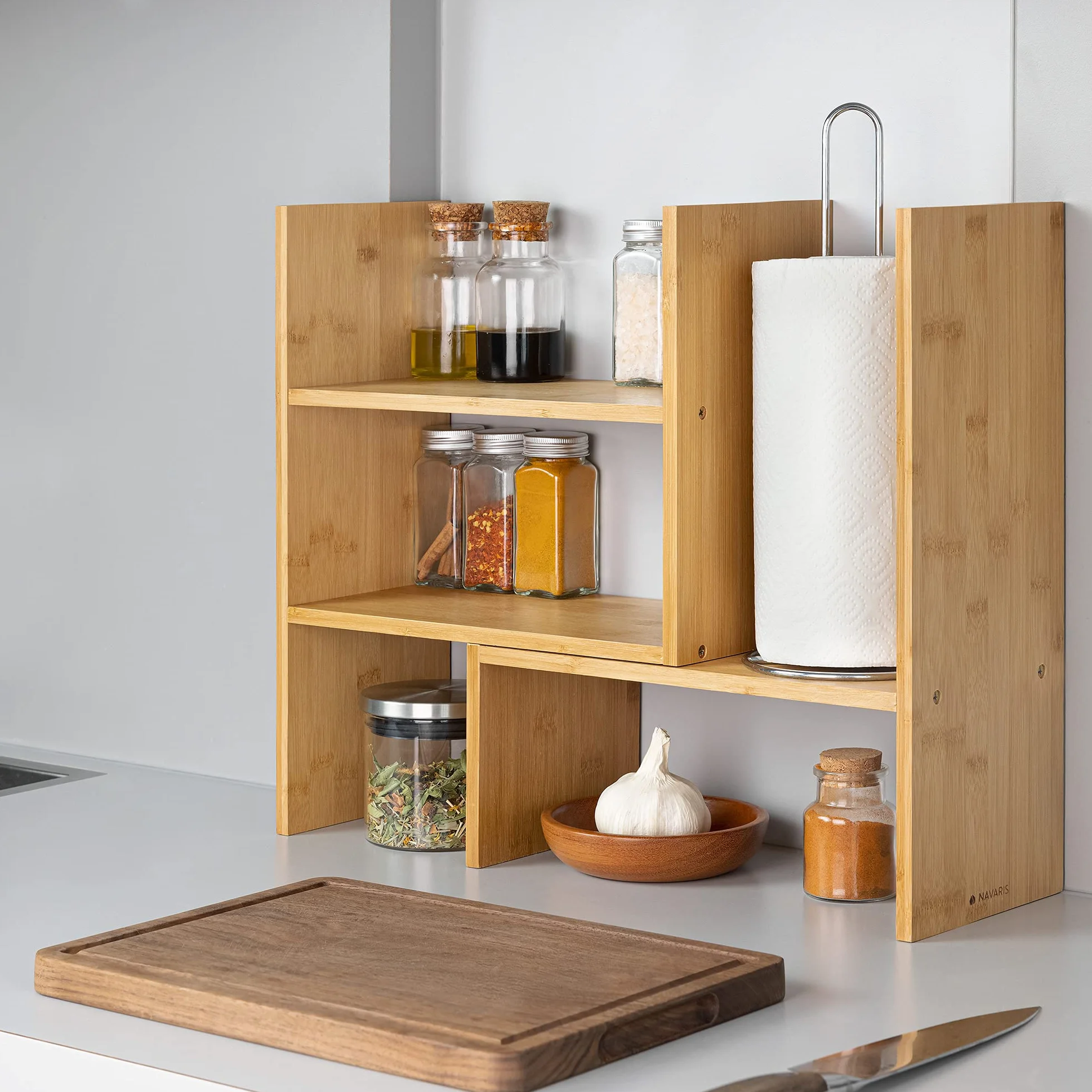 Navaris Bambusowy organizer na biurko, 51 x 15,5 x 40 cm, regulowany system porządkowania – regał narożny do kuchni, biura, łazienki, nadstawka regału