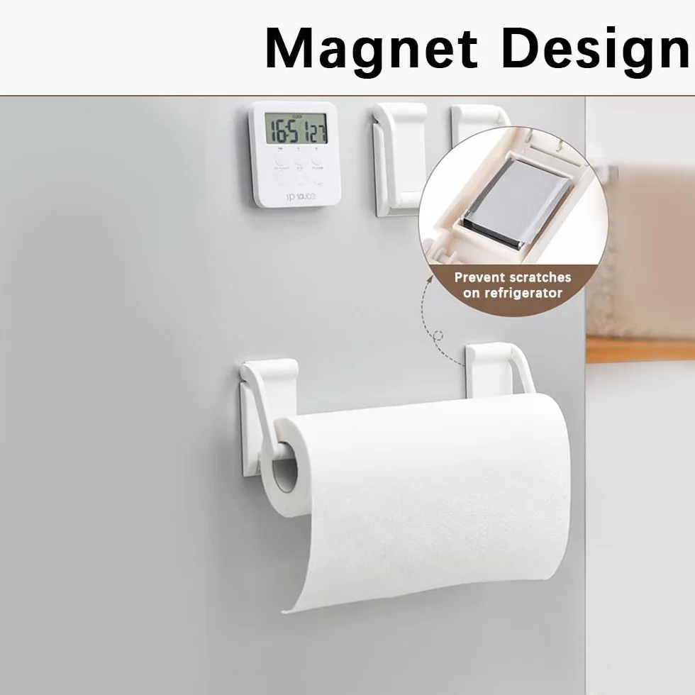 Magnetyczny uchwyt na rolkę na lodówkę, ścienny uchwyt na papier Scottex, bez wiercenia, regulowany magnetyczny uchwyt na papier toaletowy do łazienki, kuchni lub sypialni, biały