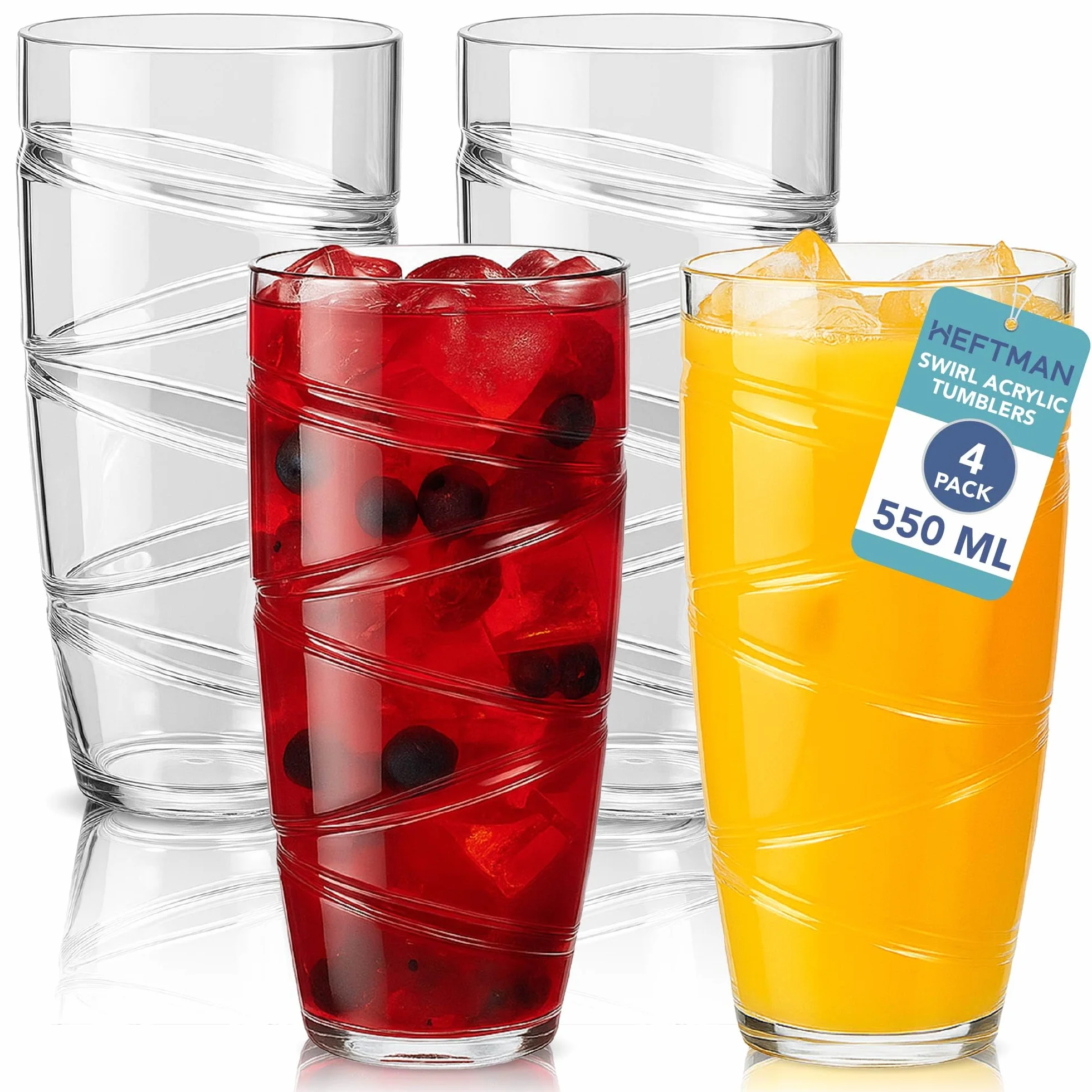 HEFTMAN Plastikowe Kubki Zestaw 4 - 550 ml akrylowych kubków z wzorem wirowym - Przezroczyste