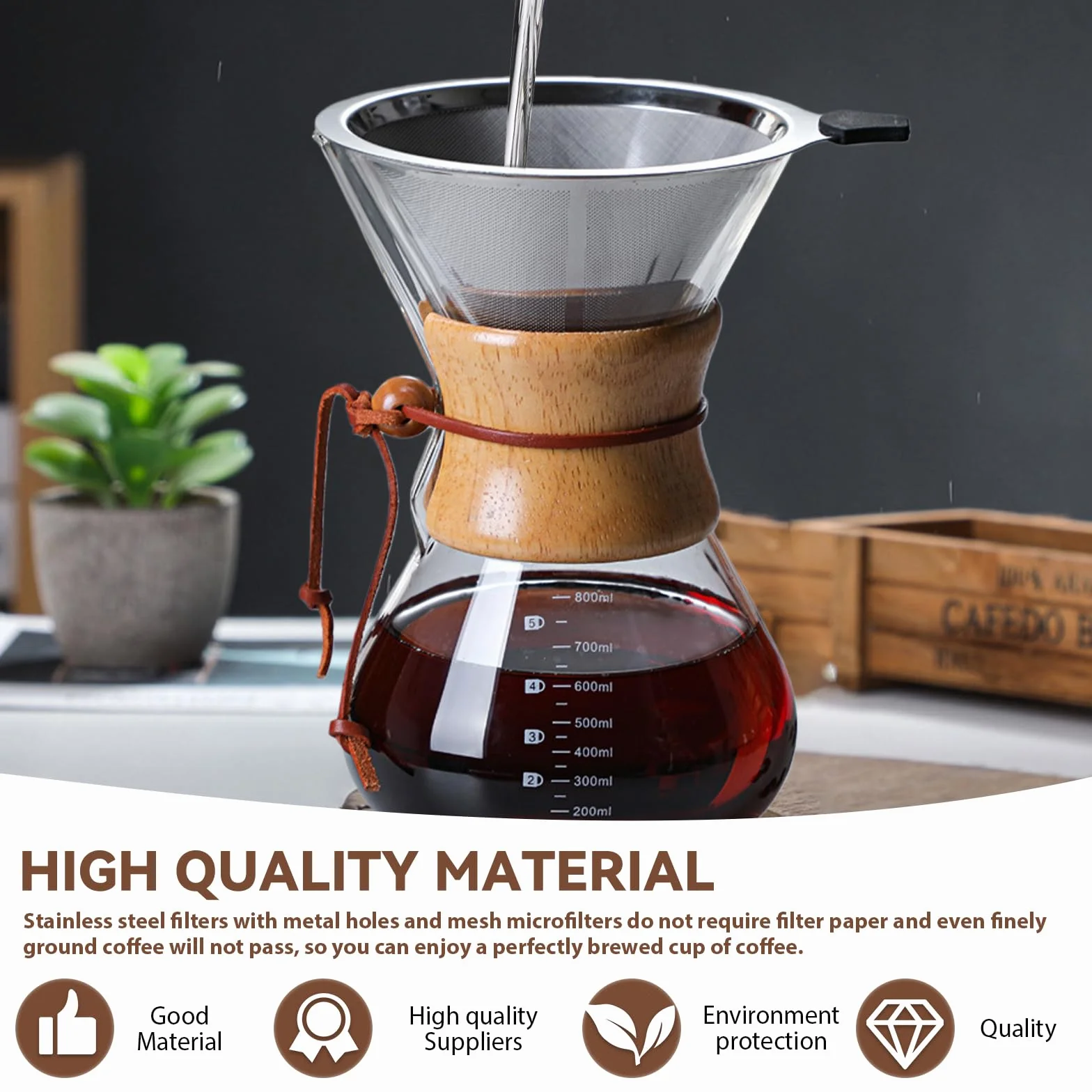 GOMETY Pour Over zaparzacz do kawy, 800 ml, filtr permanentny, zaparzacz do kawy, dzbanek borokrzemowy z dwuwarstwowym filtrem ze stali nierdzewnej, szklanka do warzenia kawy dla aromatycznej