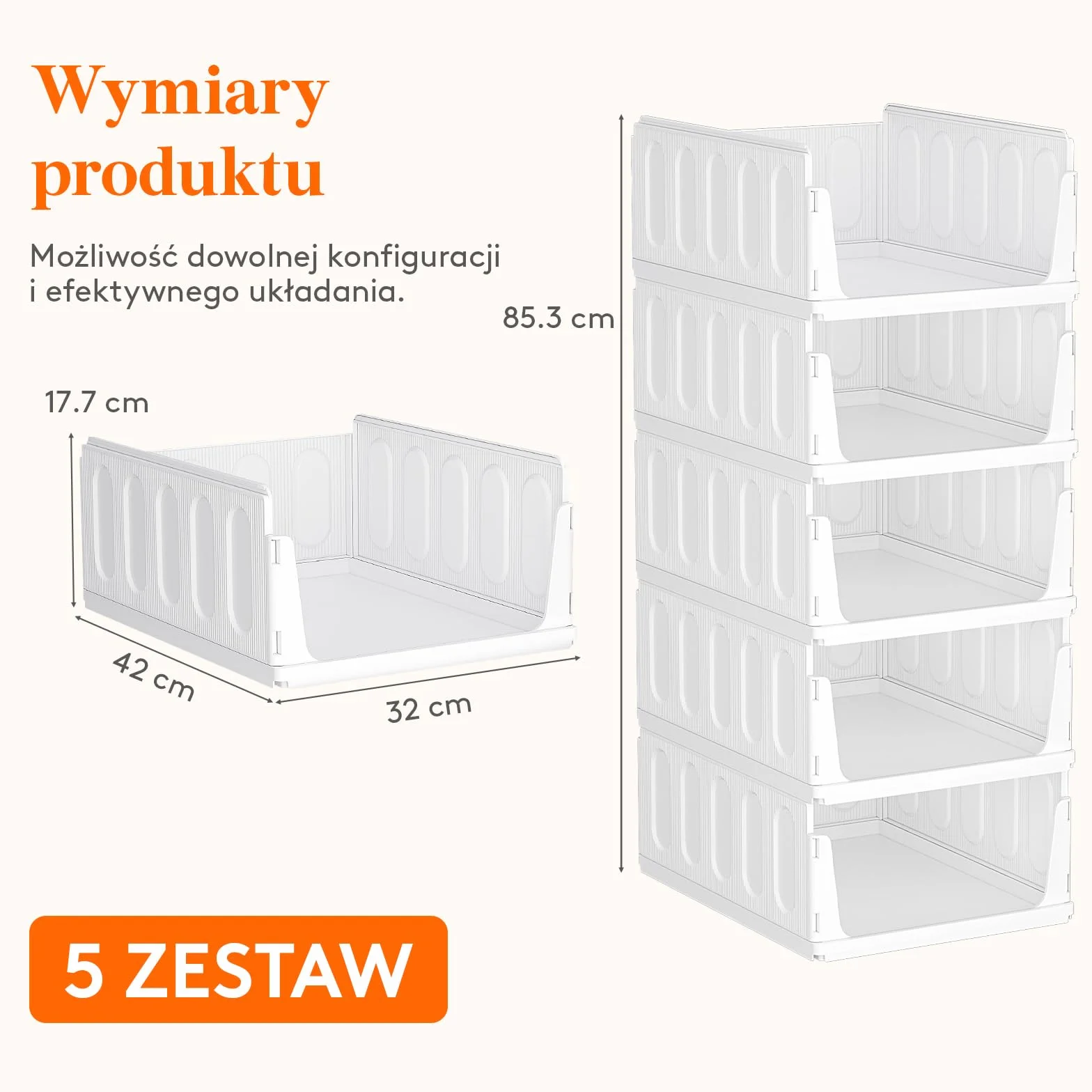 Lifewit 5 Sztuk Organizer do Szafy, Pojemniki na Ubrania, Które Można Ustawiać Jeden na Drugim, Pudełka do Przechowywania Przedmiotów w Kuchni, Łazience i Sypialni, Białe