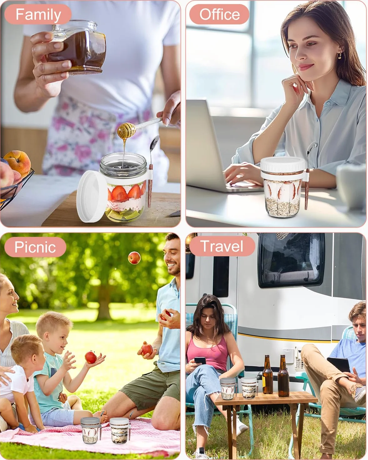 Overnight Oats 2 sztuki pojemników na owsiankę, szklanki do owsa, na nocleg, szklane kubki na musli na wynos dla dzieci z pokrywką i łyżeczką na jogurt, słoiki na przetwory jogurt to go, kubek