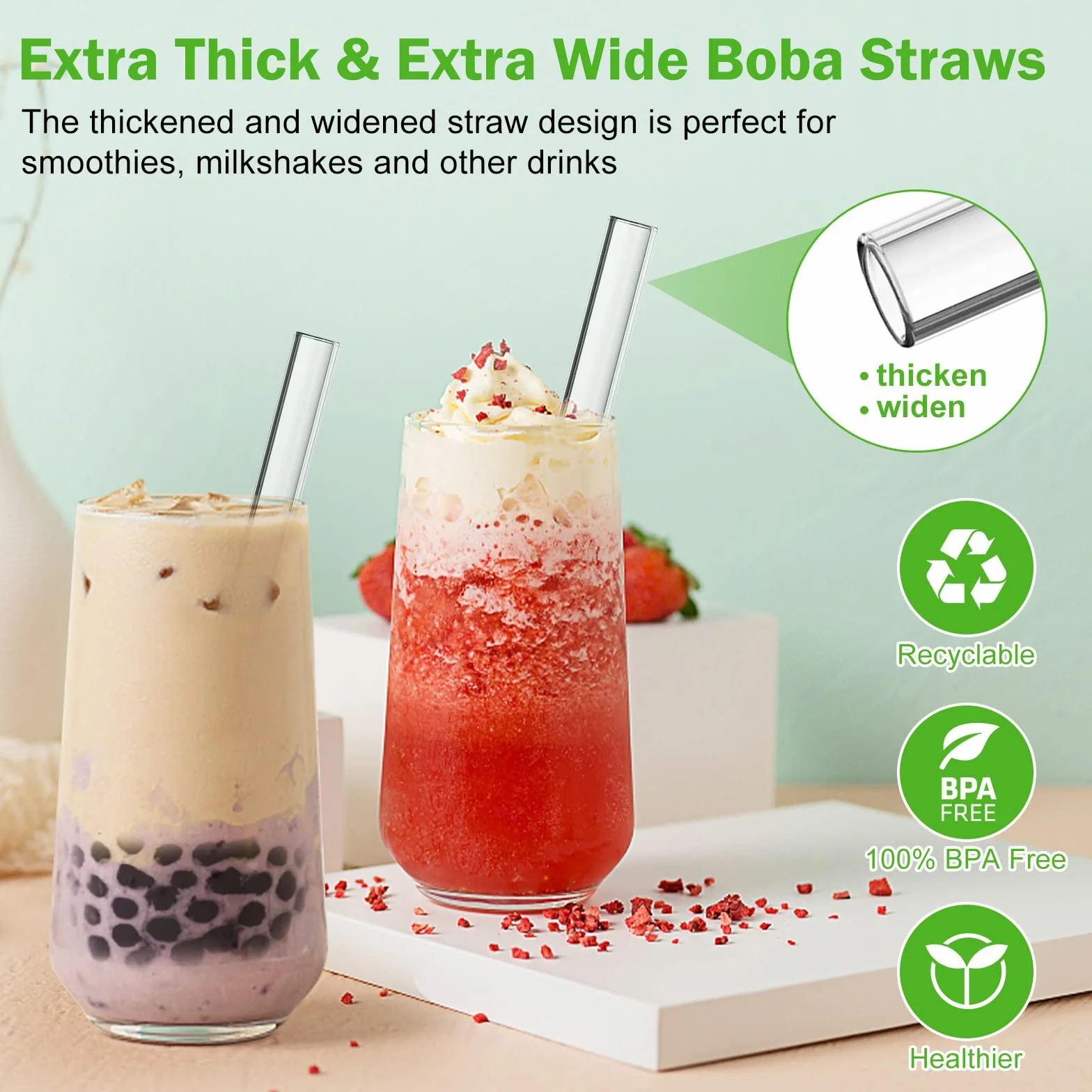 HXC 4 sztuki szklane słomki do herbaty bubble tea 14 mm o dodatkowo dużej grubości, szklane słomki do herbaty bubble tea wielokrotnego użytku, słomki do boba tea ze szczotkami do czyszczenia, szklane