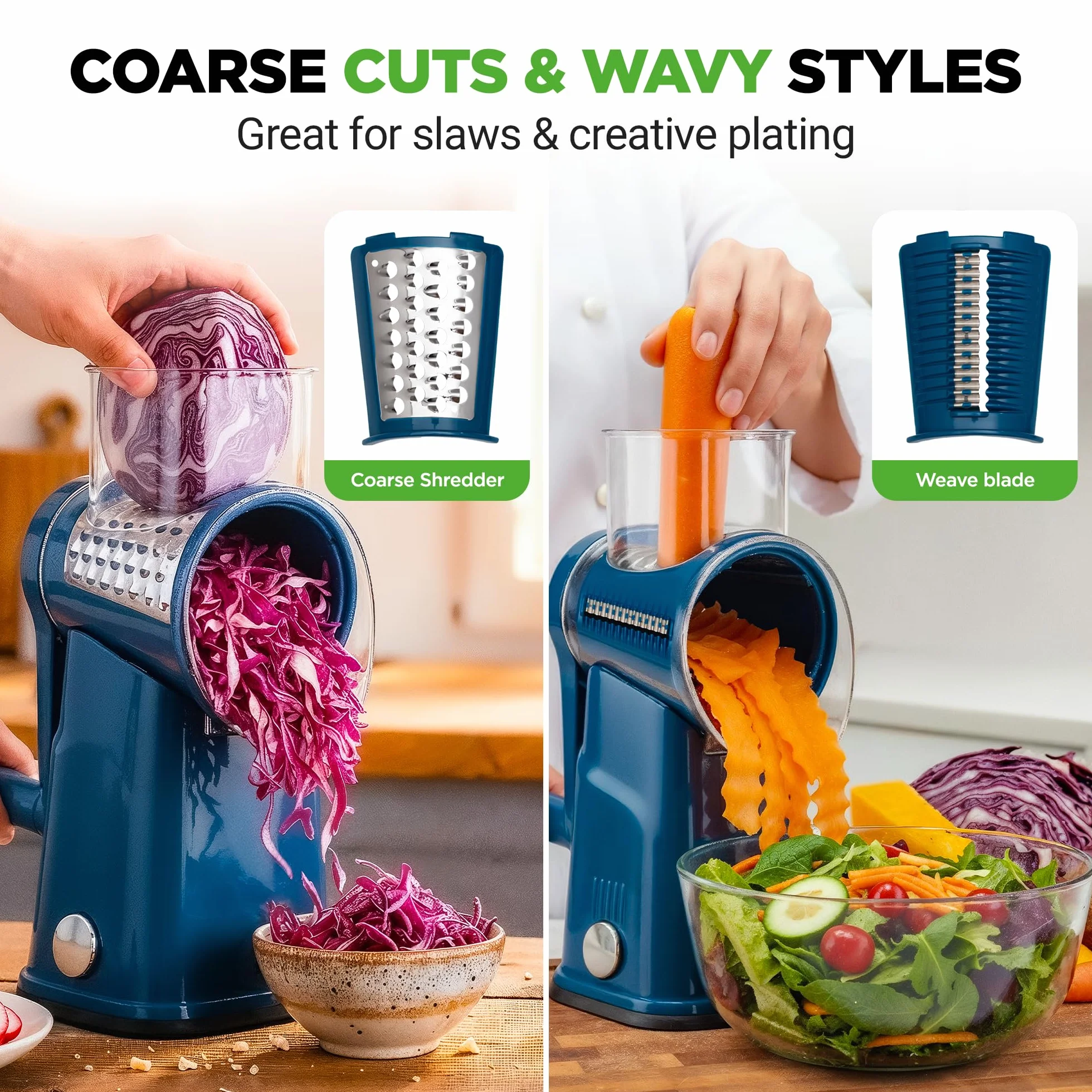 NutriChef 5 w 1 Tarka i Rozdrabniacz do Sera | 5 Różnych Bębnów do Cienkich, Grubych, Julienne Pasków, Falistych i Prosty Paski | Zawiera Ręczny Korbkę, Mocną Podstawę Ssącą i Pojemnik