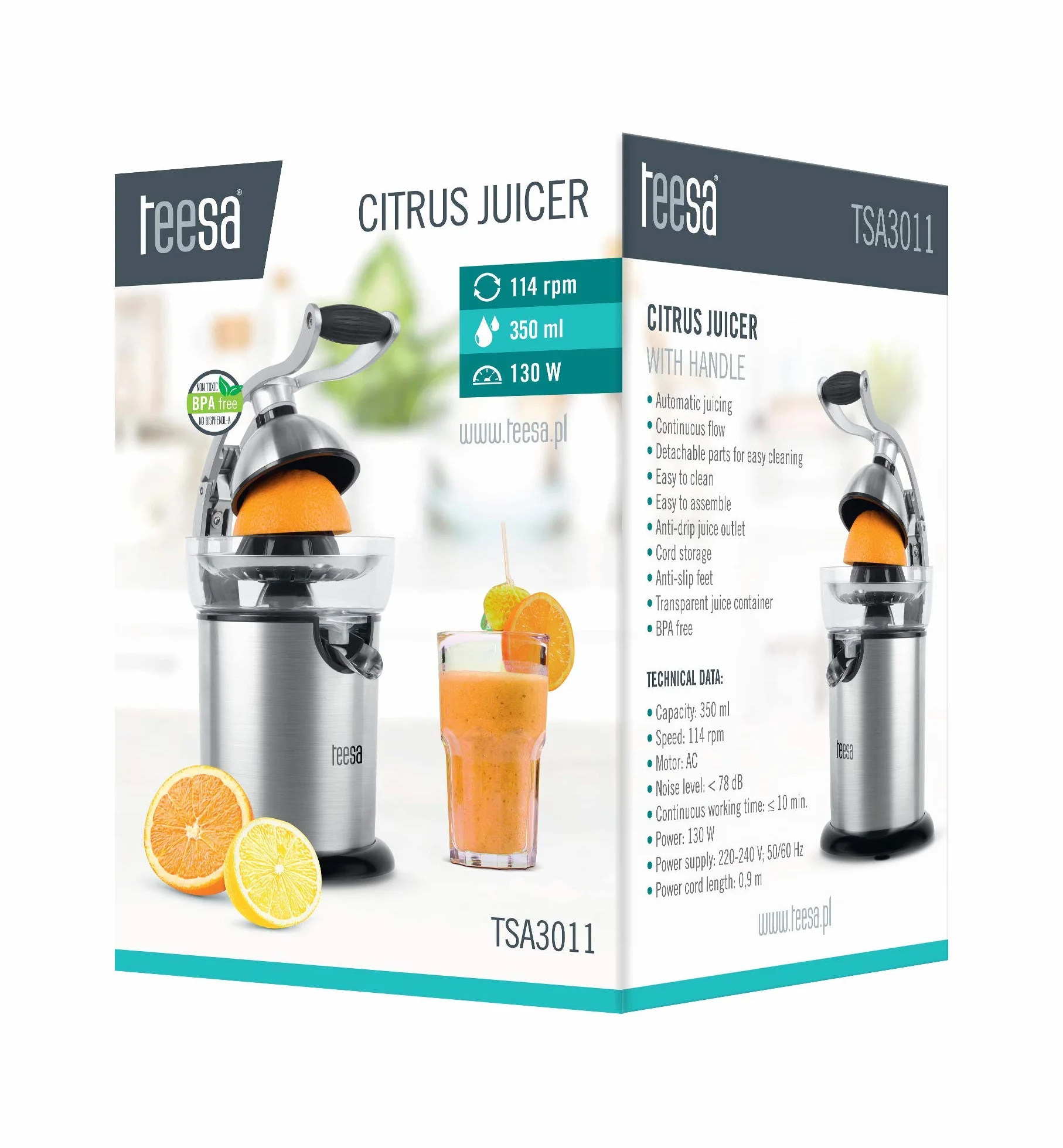 Teesa Wyciskarka do Cytrusów 130 W Stal Nierdzewna 350 ml TSA3011