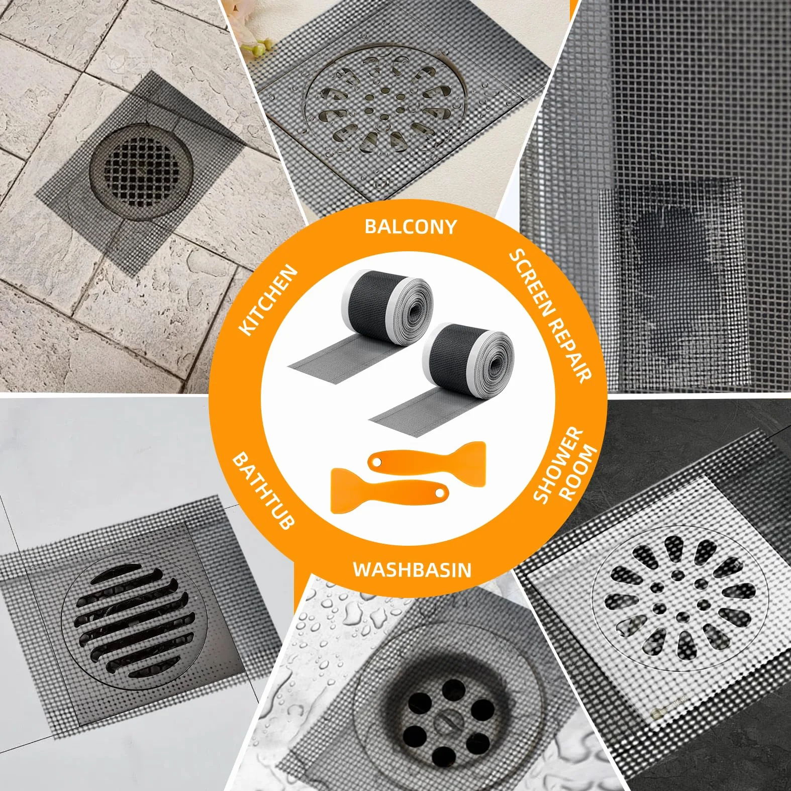 Sitko do włosów pod prysznic, ochrona przed zapchaniem, 7 cm x 10 m x 10 m x 10 m, sitko odpływowe, sitko prysznicowe, odpływ do włosów, siatka na owady, taśma naprawcza do naprawy okien (5 m