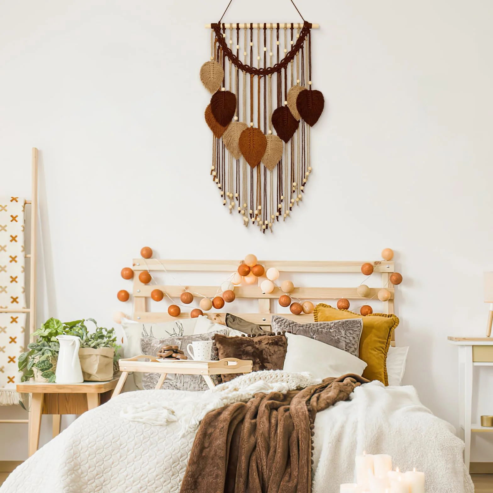 Weldomcor Makrama, wiszący gobelin ścienny, boho, liść, boho, szykowny, dekoracja domu, nowoczesna, ręcznie robiona, liście, pióra, artystyczne dekoracje ścienne do sypialni, salonu, mieszkania