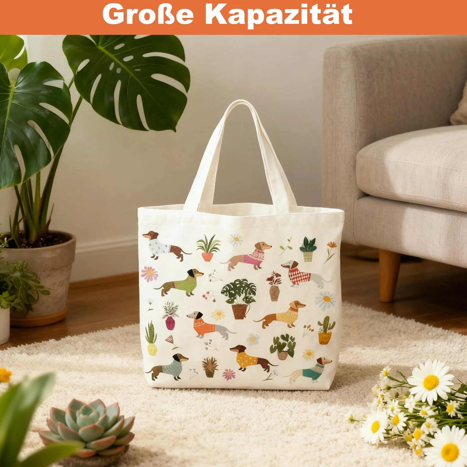 Worek jutowy, 2 sztuki, torba materiałowa, torba z jamnikiem, 40 x 35 cm, worek jutowy z długimi uchwytami, dla miłośników zwierząt, w podróży, na co dzień