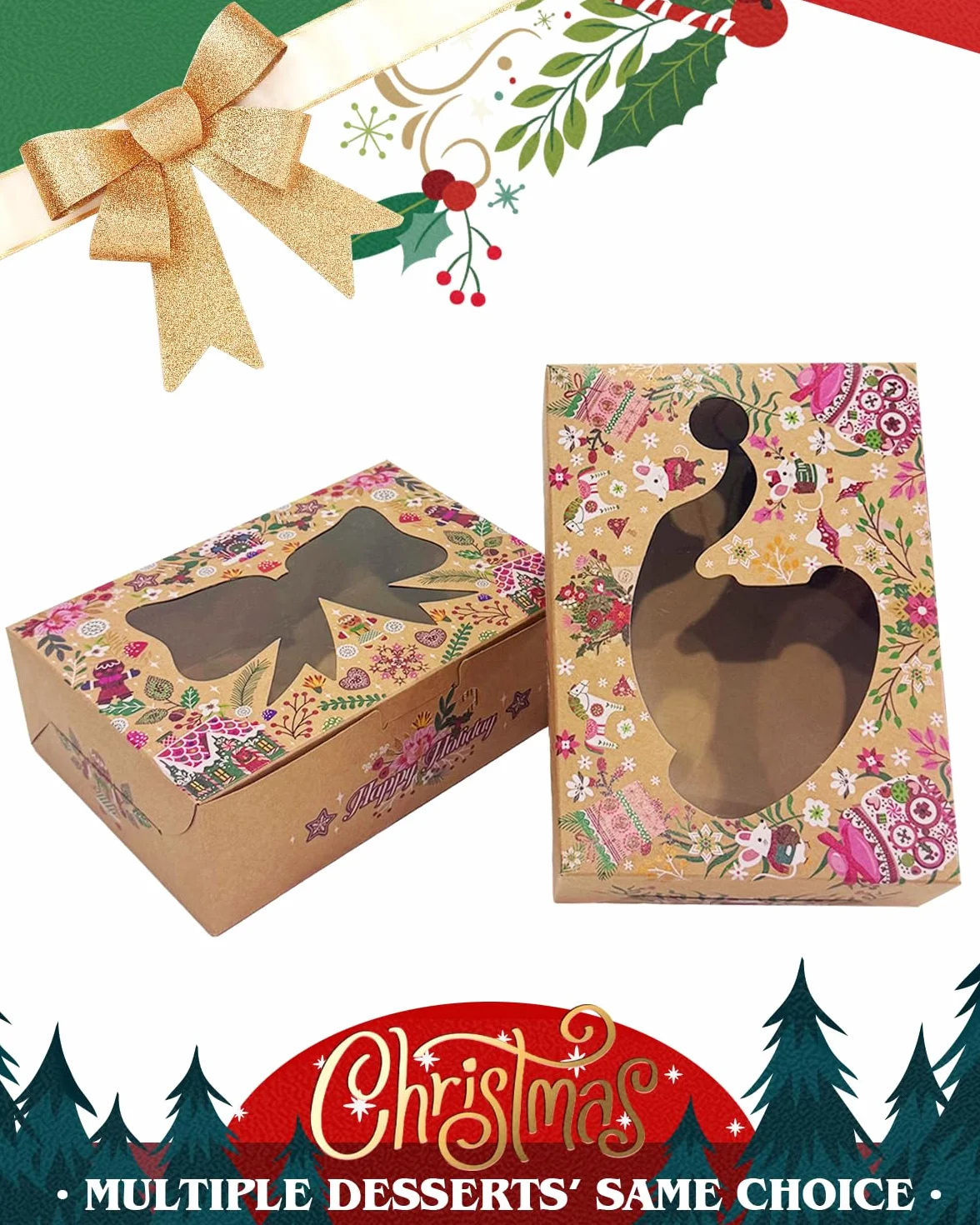 Gcardist Boże Narodzenie pudełka na ciastka z oknem 12 sztuk 15,24x20,32x6,85 cm pudełka piekarnicze, pudełka na wyroby cukiernicze na Boże Narodzenie (6x8x2,7 cali)