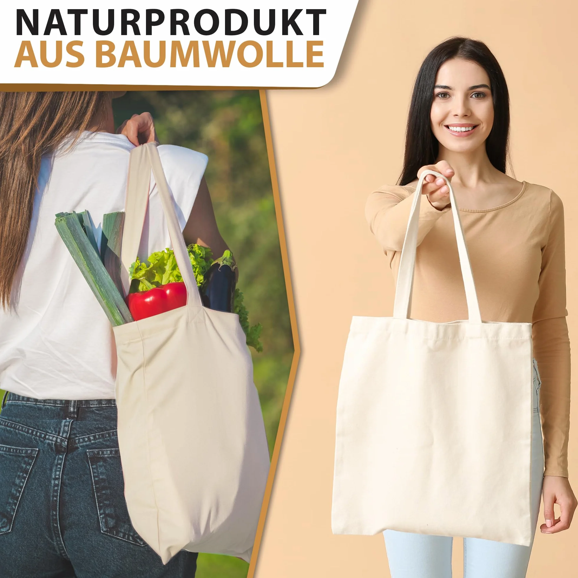 ELES VIDA® Torba Bawełniana Premium 38 x 42 cm, Certyfikat Öko-Tex®, Bez Nadruku, Wysokiej Jakości Materiałowa do Noszenia i na Zakupy, Jutowa
