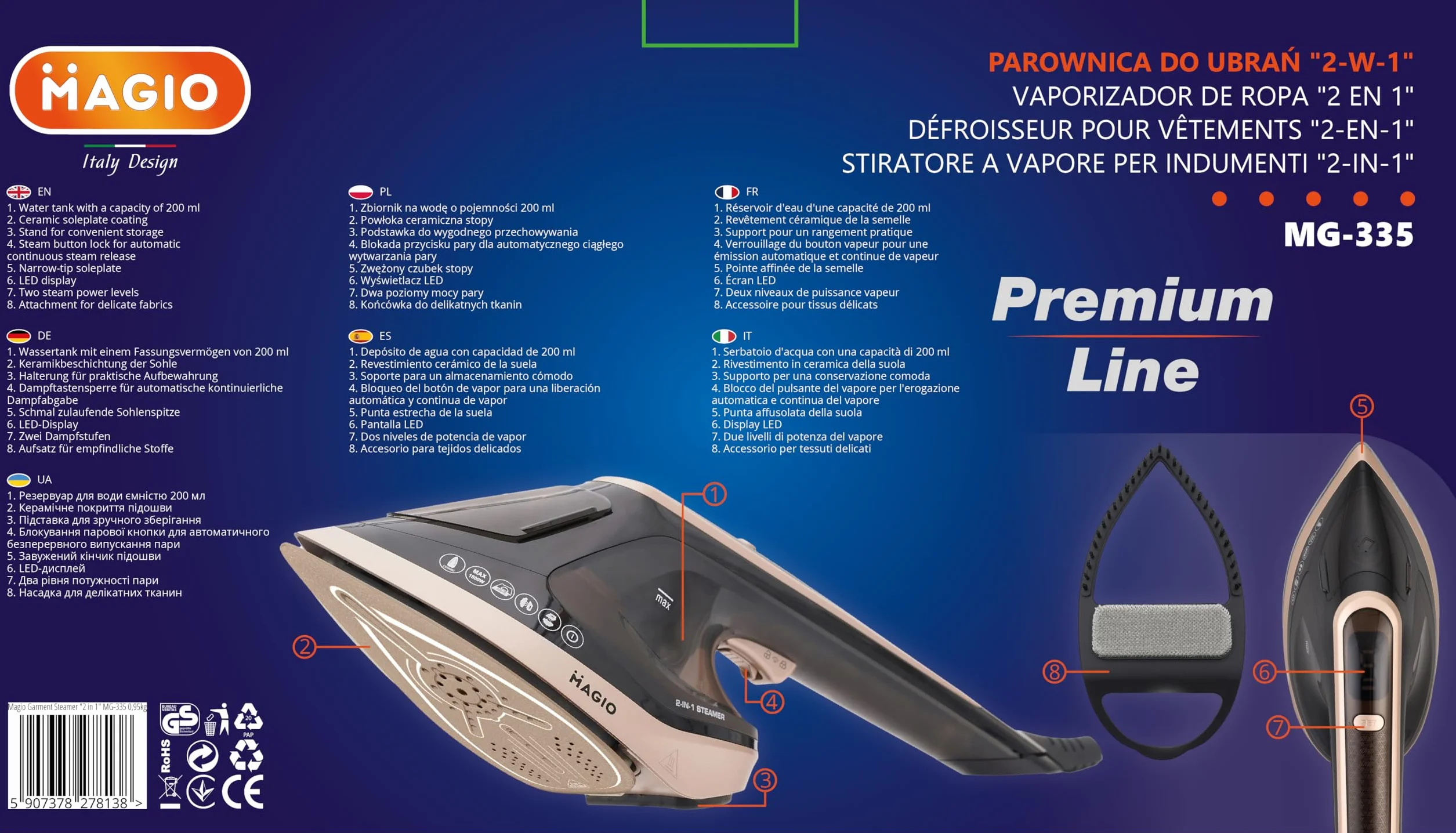 Magio Parownica i Żelazko Parowe 2w1 – 1800W, 30g/min Pary, 180°C Antybakteryjnie, Pionowe i Poziome Użycie, Ceramiczna Stopa, LED, Auto-Off, 200 ml