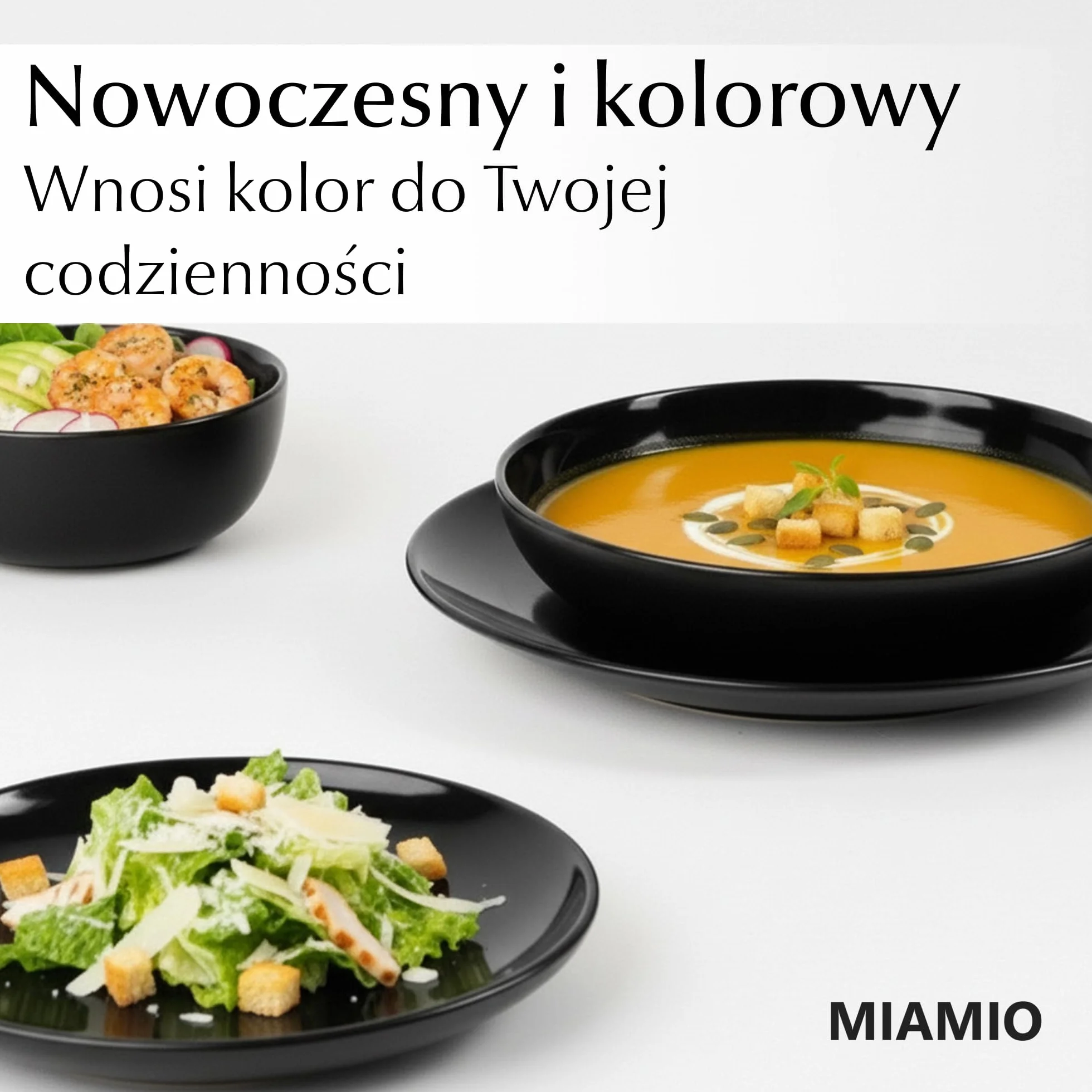 MIAMIO – 900 ml / 22 cm Zestaw 6 misek do makaronu i sałatek, szerokie i płytkie talerze z ceramiki – kolekcja Le Papillon- (Czarny)
