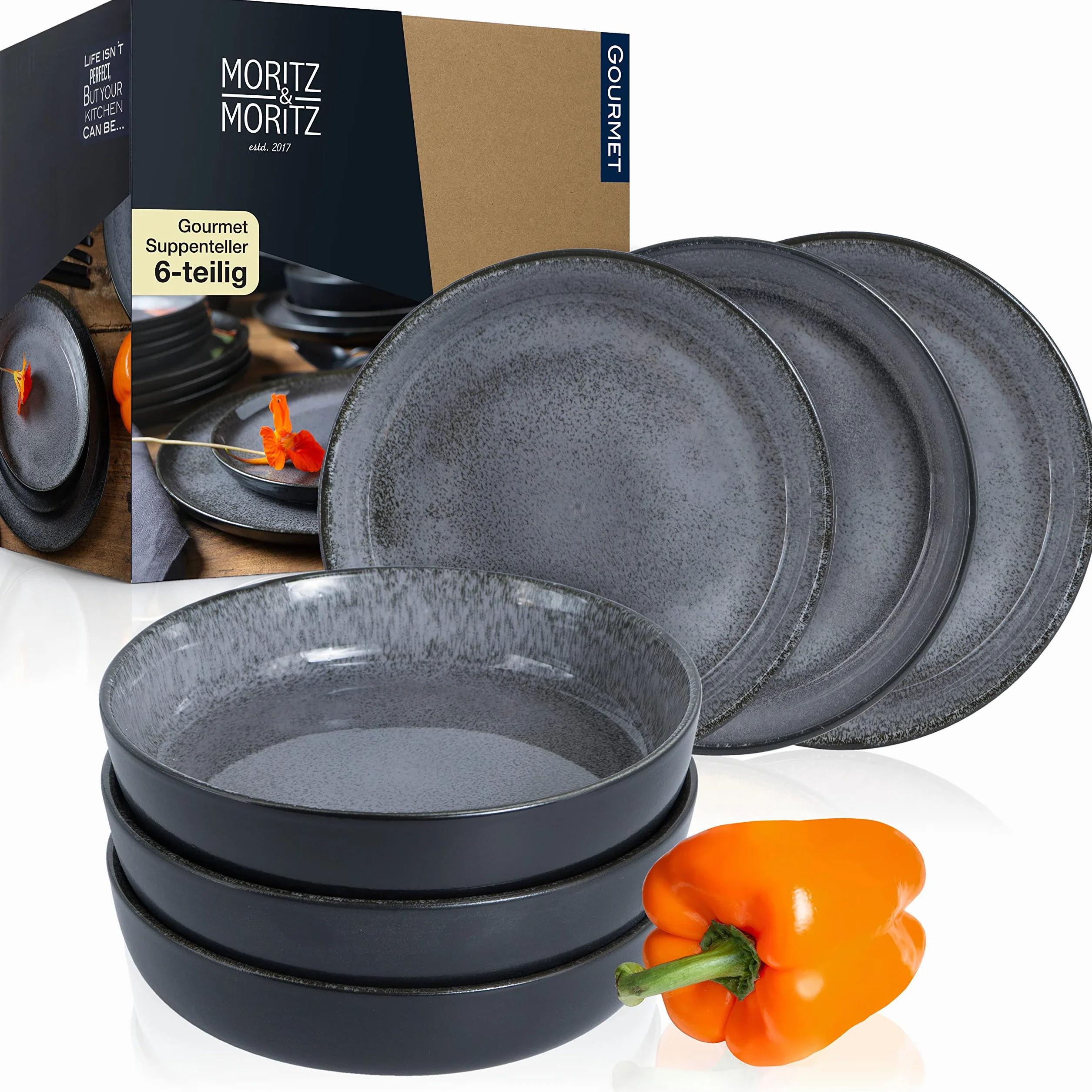 Moritz & Moritz VIDA zestaw 6 antracytowych talerzy do zupy, porcelana, mycie w zmywarce, mikrofala