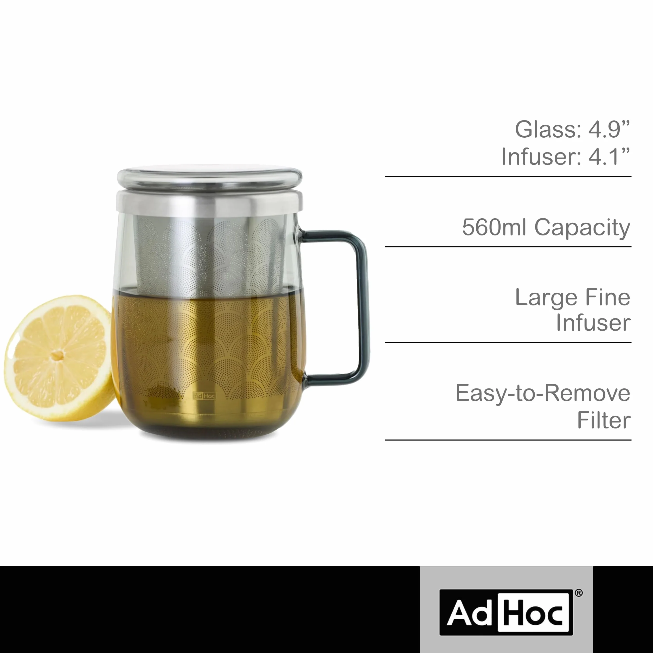 AdHoc Szklanka do herbaty z zaparzaczem/filtrem, 560 ml, szkło borokrzemowe, pokrywka w zestawie