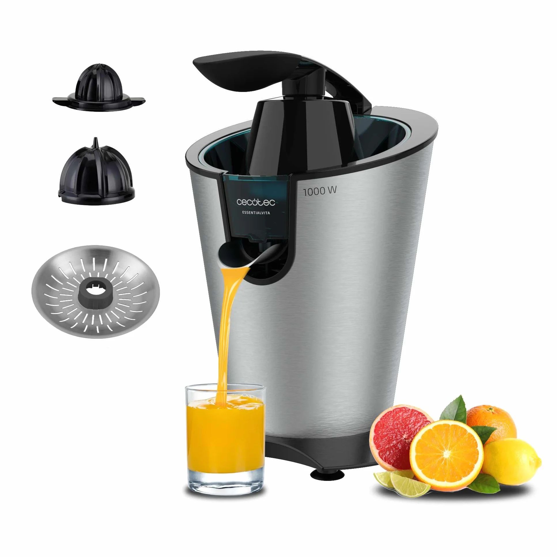 Cecotec Elektryczna wyciskarka do cytrusów do pomarańczy EssentialVita PowerFresh 1000 Inox, 1000 W, filtr nierdzewny, zdejmowany stożek, dźwignia naciskowa, system zatrzymania kapania, łatwa do