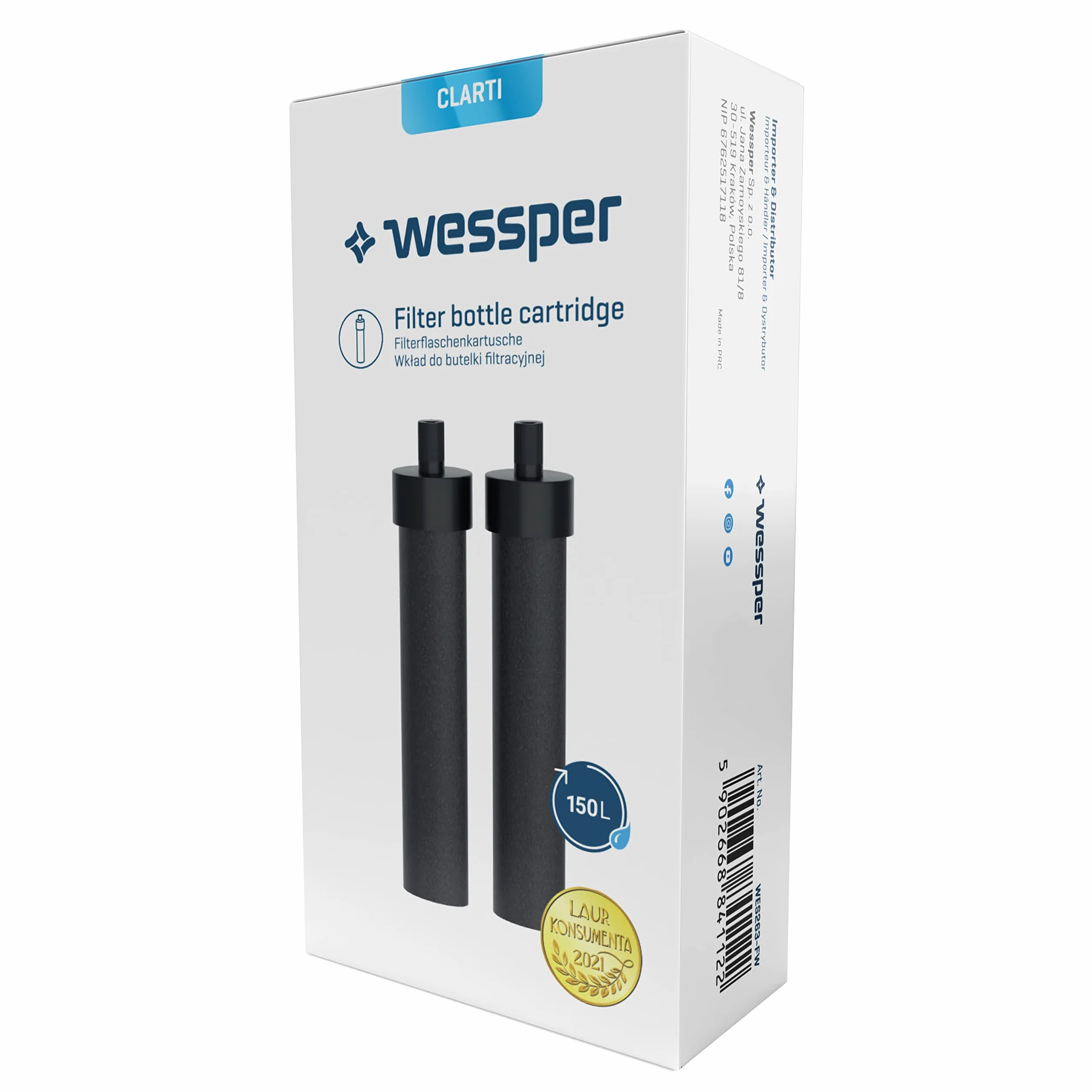 Wessper Clarti Filtr do Wody, 2-pak Filtr do Butelek Szklanych do Picia | Redukuje Chlor, Mikrocząsteczki i Inne Substancje Zakłócające Smak w Wodzie Kranowej
