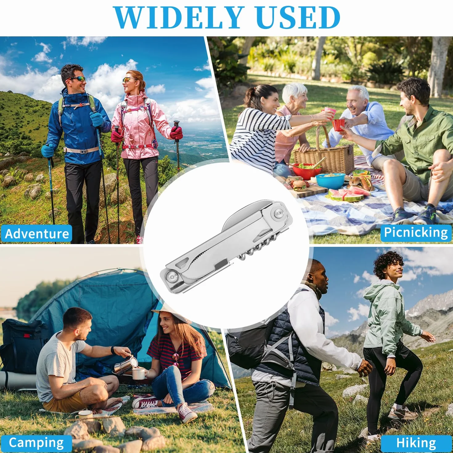 Outdoor Camping Utensil Zastawa stołowa, Sztućce ze stali nierdzewnej 5 w 1 składan,100% bezpieczne dla żywności,przenośny zestaw sztućców ze stali nierdzewnej do podróży, z etui ze sznurkiem