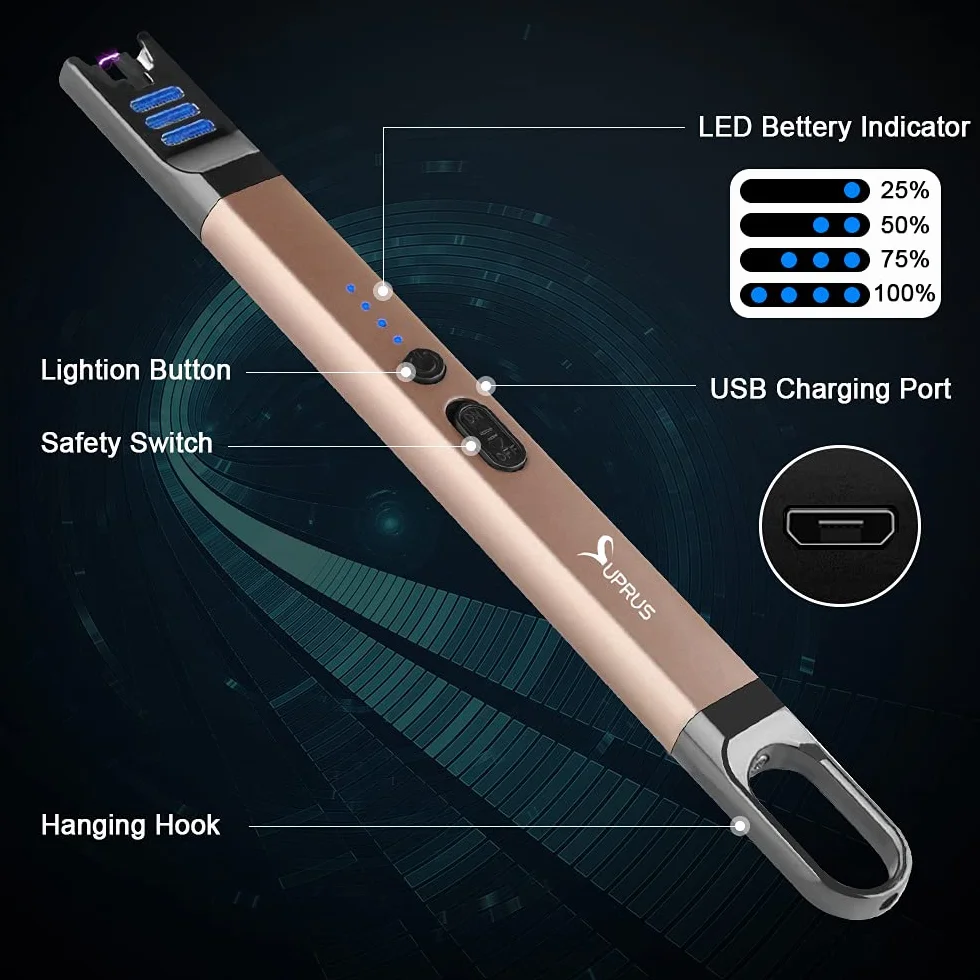 SUPRUS Zapalniczka do świec, elektryczna, z łukiem świetlnym, wiatroszczelna, bezpłomieniowa, do ponownego ładowania przez USB, z oświetleniem LED, na kemping, do grillowania, gotowania (złota)