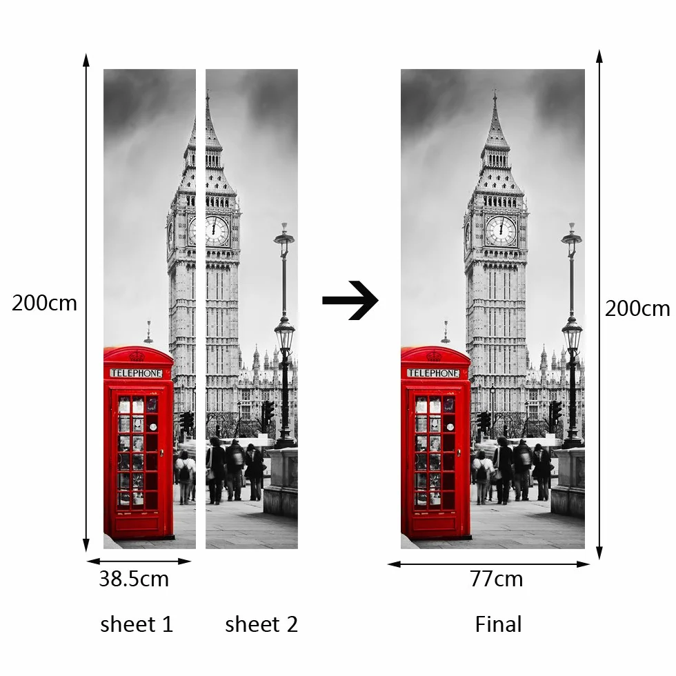 Naklejki 3D na drzwi wewnętrzne, samoprzylepne naklejki ścienne do sypialni, domu, salonu, sypialni, biura, łazienki, ulepszenia domu, 77 x 200 cm (Big Ben)