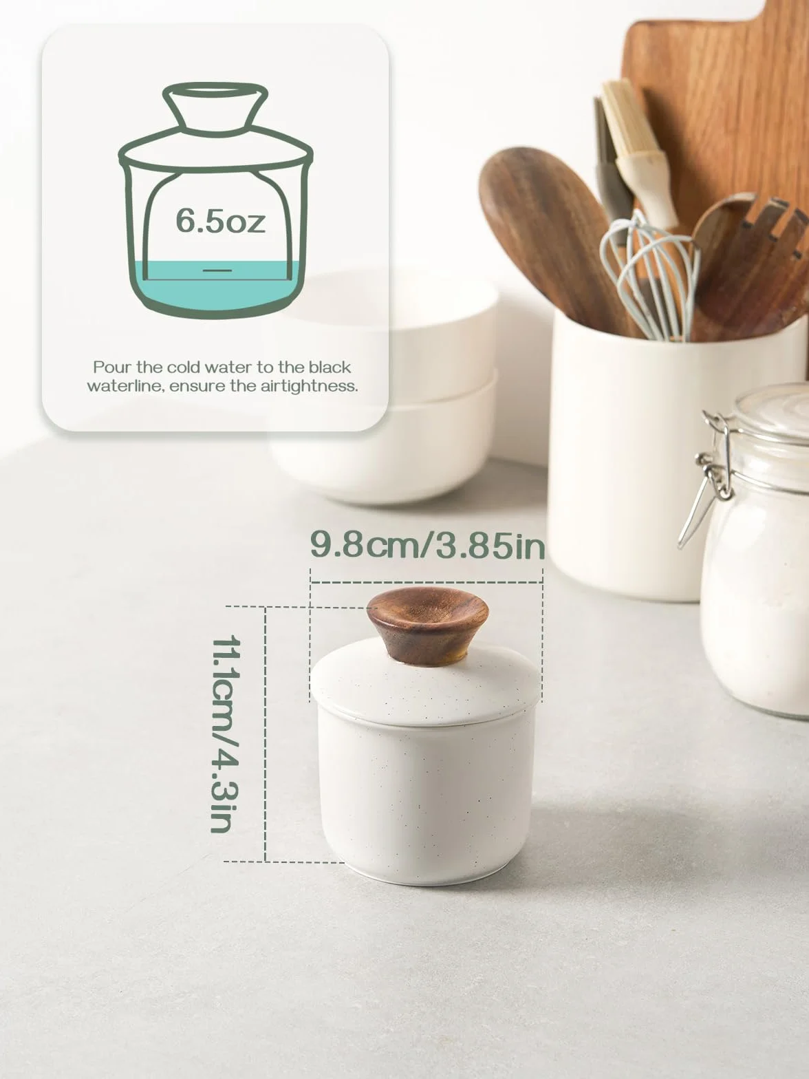 DOWAN New Bone China Maselniczka z pokrywką, 185 ml francuski pojemnik na masło, chłodzony wodą z linią wodną, masło do świeżego i miękkiego masła, waniliowy biały