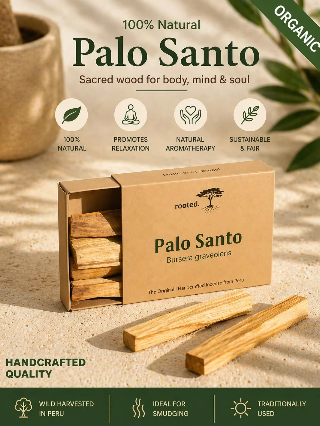 rooted. Oryginalne Palo Santo - indyjskie [drewno dymne] z Peru - święte drewno - 100% kontrolowane i zrównoważone zbiory - Medytacja i rytuały oczyszczania