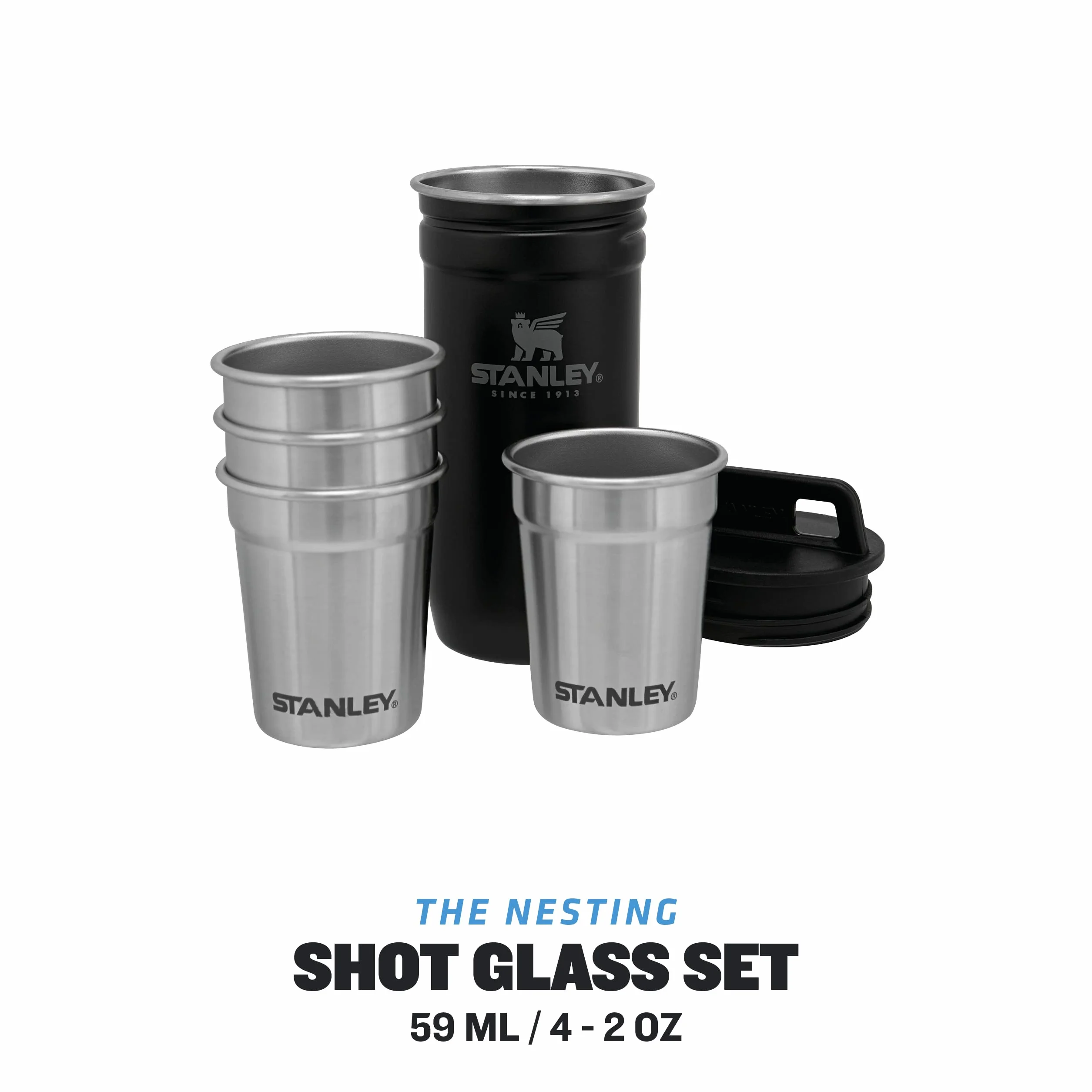 Stanley 1913 Adventure Nesting Shot Glass Set 0.59ML Matte Black - Kieliszki ze Stali Nierdzewnej Bez BPA - System układania ułatwiający pakowanie - Do Mycia w Zmywarce
