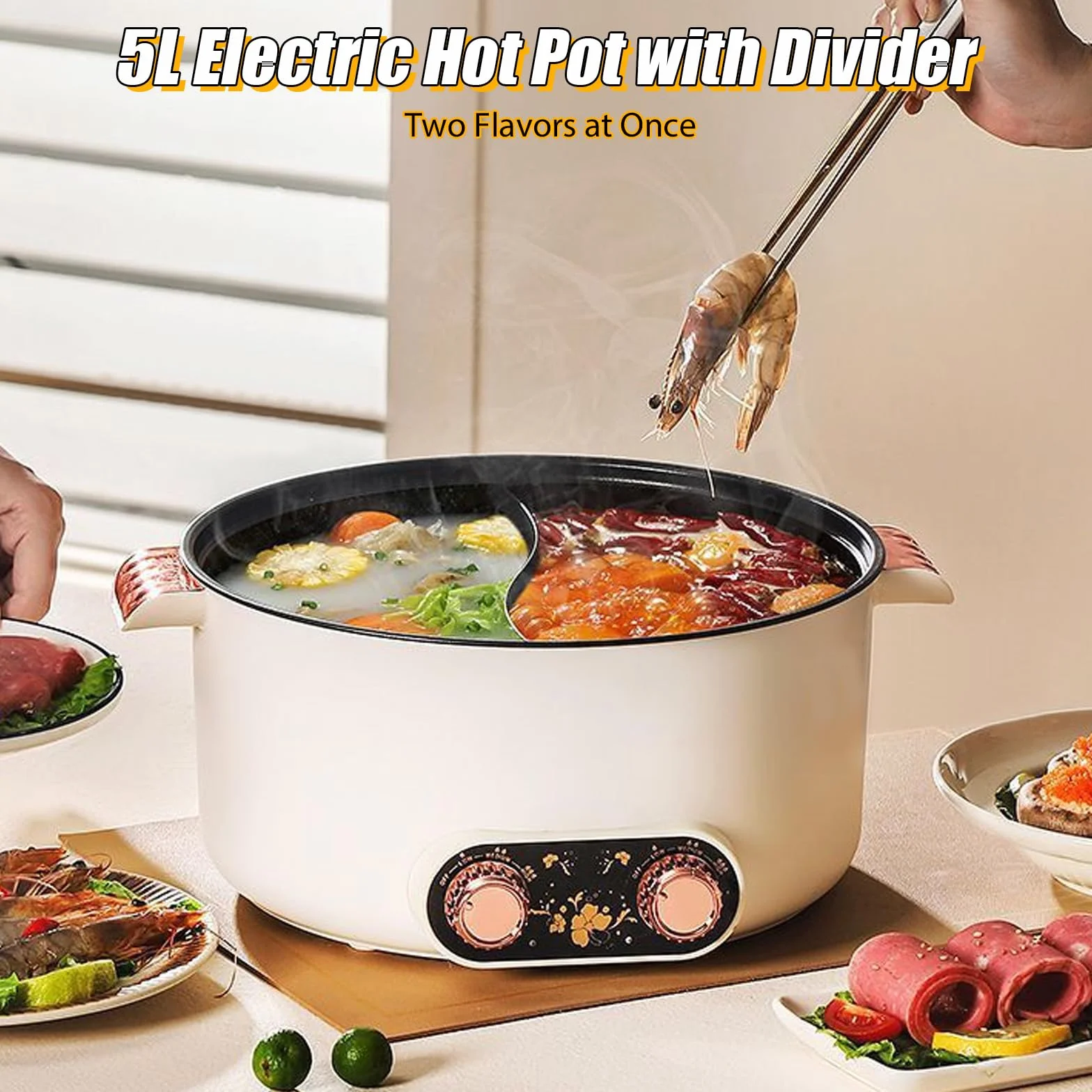 Elektryczny hot pot 5L 1350W 2-stronny z dwoma regulatorami Trzy ustawienia mocy Patelnia nieprzywierająca Wielofunkcyjny szybkowy rondel