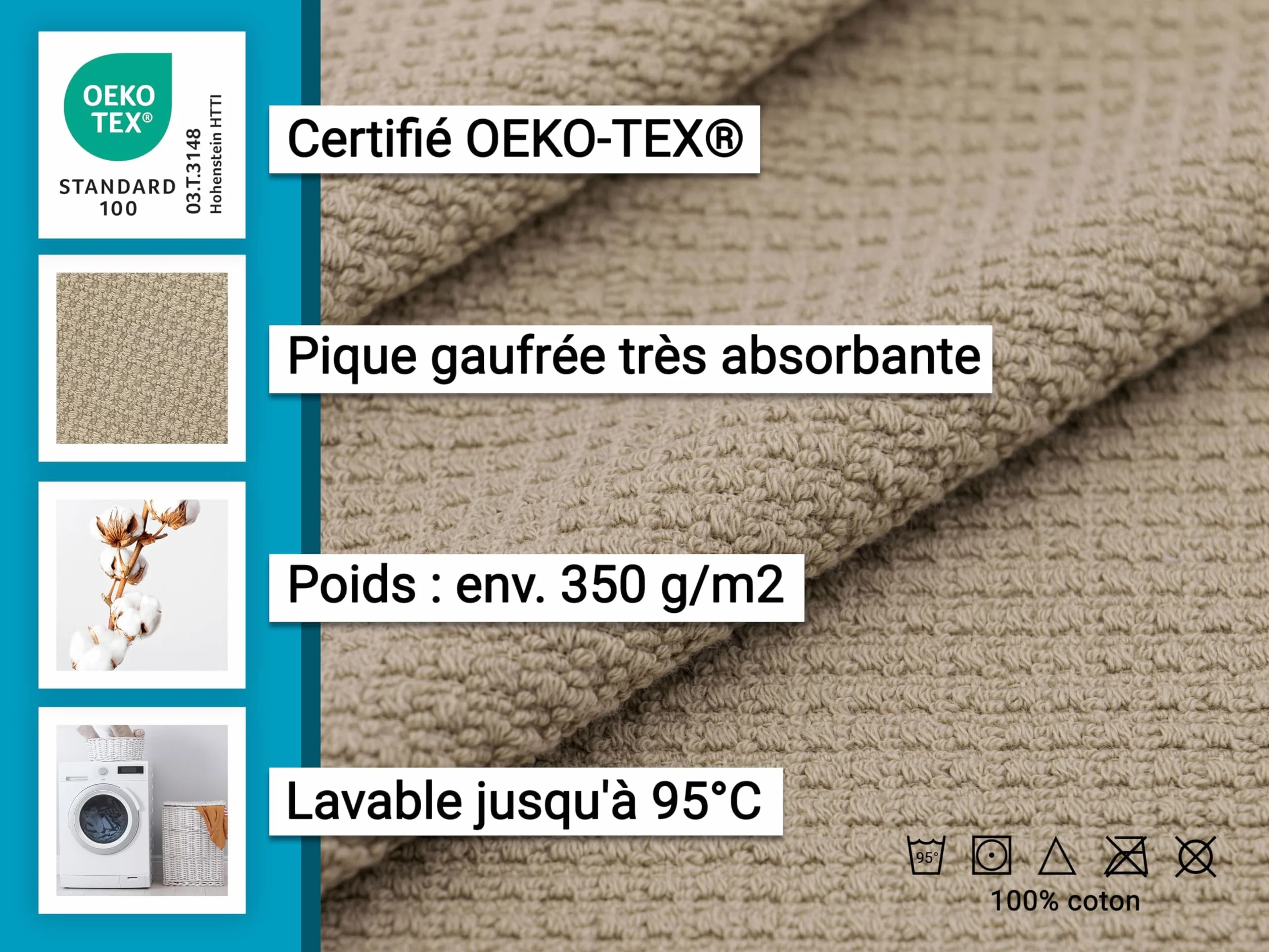 ZOLLNER Zestaw 6 ręczników 50x100 cm frotte beżowy z zawieszką wzór waflowy do prania 95°C